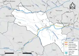 Carte en couleur présentant le réseau hydrographique de la commune