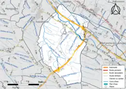 Carte en couleur présentant le réseau hydrographique de la commune