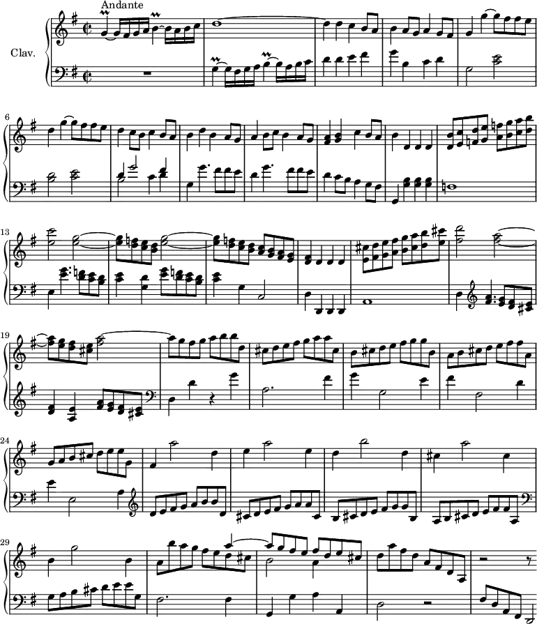
\version "2.18.2"
\header {
  tagline = ##f
  % composer = "Domenico Scarlatti"
  % opus = "K. 324"
  % meter = "Andante"
}

%% les petites notes
trillG     = { \tag #'print { g4\prall~ } \tag #'midi { a32 g a g~ g8~ } }
trillB     = { \tag #'print { b4\prall~ } \tag #'midi { c32 b c b~ b8~ } }


upper = \relative c'' {
  \clef treble 
  \key g \major
  \time 2/2
  \tempo 2 = 72

      s8*0^\markup{Andante}
      \trillG g16 fis g a \trillB b16 a b c | d1~ | d4 d c b8 a | b4 a8 g a4 g8 fis |
      % ms. 5
      g4 \repeat unfold 2 { g'4~ g8 fis fis e | d4 } c8 b c4 b8 a | b4 d b a8 g | a4 b8 c b4 a8 g |
      % ms. 10
      < fis a >4 < g b > c b8 a | b4 d, d d | < d b' >8 < e c' > < f d' > < g e' > < a f' > < b g' > < c a'  > < d b' > |
      < e c' >2 \repeat unfold 2 { < e g >2~ |
      % ms. 14
      q8 < d f >8 < c e > < b d > } < a c > < g b > < fis a > < e g > | < d fis >4 d d d |
      < e cis' >8 < fis d' > < g e' > < a fis' > < b g' > < cis a'  > < d b' > < e cis' > |
      % ms. 18
      < fis d' >2 < fis a >2~ q8 < e g >8 < d fis > < cis e > < fis a >2~ | a8 g fis g a b b d, | cis d e fis g a a cis, |
      % ms. 22
      b8 cis d e fis g g b, | a b cis d e fis fis a, | g a b cis d e e g, | fis4 a'2 d,4 |
      % ms. 26
      e4 a2 e4 | d b'2 d,4 | cis a'2 cis,4 | b g'2 b,4 | 
      % ms. 30
      a8 b' a g << { s4 a4~ | a8 g fis e fis d e cis } \\ { fis8 e d cis | b2 a4 } >> | d8 a' fis d a fis d a | r2 r8

}

lower = \relative c' {
  \clef bass
  \key g \major
  \time 2/2

    % ************************************** \appoggiatura a16  \repeat unfold 2 {  } \times 2/3 { }   \omit TupletNumber 
      R1 | \trillG g16 fis g a \trillB b16 a b c | d4 d e fis | g b, c d |
      % ms. 5
      g,2 < c e >2 | < b d > < c e > | << { d4 g2 fis4 } \\ { b,2 c4 d } >> | g,4 \repeat unfold 2 { g'4. fis8 fis e |
      % ms. 10
       d4 } c8 b a4 g8 fis | g,4 < g' b > q q | f1 | e4 < e' g >4. < d f >8 < c e > < b d >
      % ms. 14
      < c e >4 < g d' > < e' g >8 < d f > < c e > < b d > | < c e >4 g4 c,2 | d4 d, d d | a'1 |
      % ms. 18
      d4   \clef treble  < fis' a >4. < e g >8 < d fis > < cis e > | < d fis >4 < a e' > < fis' a >8 < e g > < d fis > < cis e >   \clef bass | d,4 d' r4 g | a,2. fis'4 |
      % ms. 22
      g4 g,2 e'4 | fis fis,2 d'4 | e e,2 a4 \clef treble | d8 e fis g a b b d, |
      % ms. 26
      cis8 d e fis g a a cis, | b cis d e fis g g b, | a b cis d e fis fis a, \clef bass | g a b cis d e e g, | 
      % ms. 30
      fis2. fis4 | g, g' a a, | d2 r2 | fis8  d a fis d2*1/4

}

thePianoStaff = \new PianoStaff <<
    \set PianoStaff.instrumentName = #"Clav."
    \new Staff = "upper" \upper
    \new Staff = "lower" \lower
  >>

\score {
  \keepWithTag #'print \thePianoStaff
  \layout {
      #(layout-set-staff-size 17)
    \context {
      \Score
     \override TupletBracket.bracket-visibility = ##f
     \override SpacingSpanner.common-shortest-duration = #(ly:make-moment 1/2)
      \remove "Metronome_mark_engraver"
    }
  }
}

\score {
  \keepWithTag #'midi \thePianoStaff
  \midi { \set Staff.midiInstrument = #"harpsichord" }
}
