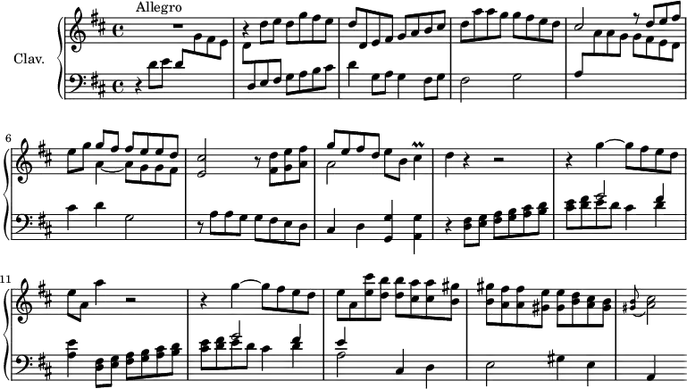 \version "2.18.2"
\header {
tagline = ##f
% composer = "Domenico Scarlatti"
% opus = "K. 236"
% meter = "Allegro"
}
%% les petites notes
trillCis = { \tag #'print { cis4\prall } \tag #'midi { d32 cis d cis~ cis8 } }
upper = \relative c'' {
\clef treble
\key d \major
\time 4/4
\tempo 4 = 124
\set Staff.midiInstrument = #"harpsichord"
\override TupletBracket.bracket-visibility = ##f
s8*0^\markup{Allegro}
R1 | b4\rest d8 e d g fis e | d d, e fis g a b cis |
% ms. 4
d a' a g g fis e d | \stemUp cis2 r8 d8 e fis | \stemNeutral e8 g << { g8 fis fis e e d } \\ { a4~ a8 g g fis } >> | < e cis' >2 r8 < fis d' >8 < g e' > < a fis' >
% ms. 8
<< { g'8 e fis d } \\ { a2 } >> e'8 b \trillCis | d4 r4 r2 | r4 g4~ g8 fis e d | e a, a'4 | r2 |
% ms. 12
r4 g4~ g8 fis e d | e a, < e' cis' >8 < d b' > q < cis a' > q < b gis' > | q < a fis' > q < gis e' > q < b d > < a cis > < gis b > \appoggiatura < gis b >8 < a cis >2
% ms. 16
% ms. 20
}
lower = \relative c' {
\clef bass
\key d \major
\time 4/4
\set Staff.midiInstrument = #"harpsichord"
\override TupletBracket.bracket-visibility = ##f
% ************************************** \appoggiatura a16 \repeat unfold 2 { } \times 2/3 { } \omit TupletNumber
r4 d8 e d \stemDown \change Staff = "upper" g fis e | d \stemNeutral \change Staff = "lower" d, e fis g a b cis | d4 g,8 a g4 fis8 g |
% ms. 4
fis2 g | a8 \stemDown \change Staff = "upper" a' a g g fis e d | \stemNeutral \change Staff = "lower" cis4 d g,2 | r8 a8 a g g fis e d |
% ms. 8
cis4 d < g, g' >4 < a g' > | r4 < d fis >8 < e g > < fis a > < g b > < a cis > < b d > | << { s4 g'2 fis4 } \\ { < cis e >8 < d fis > e d cis4 d } >> | < a e' >4 < d, fis >8 < e g > < fis a > < g b > < a cis > < b d > |
% ms. 12
<< { s4 g'2 fis4 | e } \\ { < cis e >8 < d fis > e d cis4 d | a2 } >> cis,4 d | e2 gis4 e | a,4 s4
% ms. 16
% ms. 20
}
thePianoStaff = \new PianoStaff <<
\set PianoStaff.instrumentName = #"Clav."
\new Staff = "upper" \upper
\new Staff = "lower" \lower
>>
\score {
\keepWithTag #'print \thePianoStaff
\layout {
#(layout-set-staff-size 17)
\context {
\Score
\override SpacingSpanner.common-shortest-duration = #(ly:make-moment 1/2)
\remove "Metronome_mark_engraver"
}
}
}
\score {
\keepWithTag #'midi \thePianoStaff
\midi { }
}