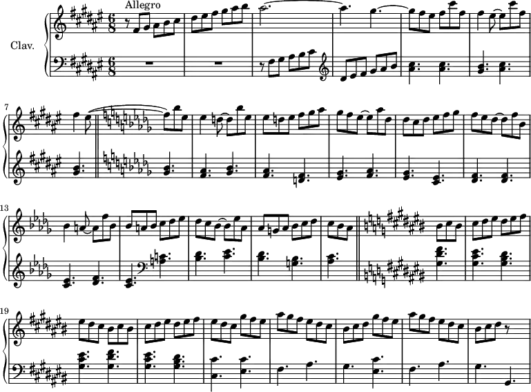 
\version "2.18.2"
\header {
  tagline = ##f
}

%% les petites notes
trillD     = { \tag #'print { d8\trill } \tag #'midi { \times 2/3 { e32 d e } d16 } }

{ \tag #'print {  } \tag #'midi {  } }
upper = \relative c' {
  \clef treble 
  \key fis \major
  \time 6/8
  \tempo 4. = 92
  \set Staff.midiInstrument = #"harpsichord"

    r8^\markup{Allegro} fis gis ais b cis | dis eis fis gis ais b | ais2.~ | ais4. gis~ | gis8 fis eis fis cis' fis, | 
    % ms. 6
    fis4 eis8~ eis cis' fis, | fis4 { \tag #'print { eis8~( \bar "||" \key des \major f8) } \tag #'midi { eis8~ eis } } bes' ees, | ees4 d8~ d bes' ees, | ees d ees f ges aes | ges f ees~ ees aes  des, | 
    % ms. 11
    des8 c des ees f ges | f ees des~ des f bes, | bes4 a8~ a f' bes, | bes a bes c des ees | des c bes~ bes ees aes, | aes g aes bes c des |
    % ms. 17
    c bes aes  \bar "||"  \key cis \major bis8 cis bis | cis dis eis dis eis fis | eis dis cis bis cis bis | cis dis eis dis eis fis | eis dis cis gis' fis eis | 
    % ms. 22 
    ais8 gis fis eis dis cis | bis cis dis gis fis eis | ais8 gis fis eis dis cis | bis cis dis r8 s4 % gis dis | 

}

lower = \relative c {
  \clef bass
  \key fis \major
  \time 6/8
  \set Staff.midiInstrument = #"harpsichord"
  %\override TupletBracket.bracket-visibility = ##f

    % **************************************
    R2.*2 r8 fis gis ais b cis | \clef treble  dis eis fis gis ais b | < ais cis >4. q < gis b > < ais cis > < gis b > | 
    % ms. 8
    \key des \major
    \repeat unfold 2 { < ges bes >4. < f aes > } < d f >4. < ees ges > < f aes > < ees ges > < c ees > < des f > q < c ees > < des f > < c ees >   \clef bass < a c! > < bes des > < c ees > < bes des > < g bes > | 
    % ms. 17
    < aes c >4.  \bar "||"  \key cis \major < gis dis' fis >4. | < gis cis eis > < gis bis dis > | < gis cis eis > < gis dis' fis > | < gis cis eis > < gis bis dis > < cis, cis' >4. < eis cis' > |
    % ms. 22
    fis4. ais gis < eis cis' > fis ais gis gis, |
    

}

thePianoStaff = \new PianoStaff <<
    \set PianoStaff.instrumentName = #"Clav."
    \new Staff = "upper" \upper
    \new Staff = "lower" \lower
  >>

\score {
  \keepWithTag #'print \thePianoStaff
  \layout {
      #(layout-set-staff-size 17)
    \context {
      \Score
     \override SpacingSpanner.common-shortest-duration = #(ly:make-moment 1/2)
      \remove "Metronome_mark_engraver"
    }
  }
}

\score {
  \keepWithTag #'midi \thePianoStaff
  \midi { }
}
