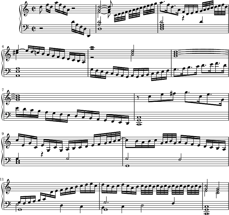 
\version "2.18.2"
\header {
  tagline = ##f
}
upper = \relative c'' {
  \clef treble 
  \key a \minor
  \time 2/2
  \tempo 2 = 50
  \set Staff.midiInstrument = #"harpsichord"

    d8 f16[ d] a'[ f d a] r2
    << { < d a >2~ < d a >8 } \\ { f,2~ f8 c32[ d e f] g[ a b c] d[ e f g] } >>
    a8. f16 d8. a16 f[ d e f] g32[ a b c] d[ e f d] 
    << { e4~ e16[ d c! b] a[ g f e] d[ c b a] r2 < e'' c >2 < d b g >1~ < d b g > } \\ { cis4  s2. r2 a2 } \\ { s1 r2} >>
    r8 c8 e fis g8. c,16 e8. g,16 | 
    c[ e, g c,] e[ g, c g] a[ b c d] e[ f g32 a b c~] 
    c8 b16 a b c g32[ a b g] a16[ g f e] d[ c b a] 
    \change Staff = "lower" \stemUp g16[ f g a] b[ c \change Staff = "upper" \stemDown d e] f[ g a b] c[ d e c]
    d[ c b c] d[ c a b] \tempo 2 = 40 \repeat unfold 4 { c32[ b c b] }
    << { < c g >2 < g e > } \\ { e2 c2 } >>
}

lower = \relative c {
  \clef bass
  \key a \minor
  \time 2/2
  \set Staff.midiInstrument = #"harpsichord"

    r2 d'16[ a f d] d,4
    << { < d'' a >2 s2 d2 r4 d4 a1 } \\ { d,1 < a' f d >1 < e a, > } >>
    g16[ f e d] c b a g a[ g a b] c[ d e f] g8. a16 b8. c16 d8. e16 f8. d16 e[ d c b] a[ g f e] d[ c b a] g[ f e d]
    % ms. 8
    \tempo 2 = 46
    \relative c' 
    < c, g c, >1
    \tempo 2 = 50
    << { g'4 r4 g2 g2 f } \\ { < e c >1 g,1 } >>
    % ms. 11
    \tempo 2 = 46
    << { s1 g'2. f4 } \\ { g,1 g } \\ { \stemDown e'2 d4 c b c d2 } >>
    < c g c, >1
    
}

\score {
  \new PianoStaff <<
    \set PianoStaff.instrumentName = #""
    \new Staff = "upper" \upper
    \new Staff = "lower" \lower
  >>
  \layout {
    \context {
      \Score
      \remove "Metronome_mark_engraver"
    }
  }
  \midi { }
}
