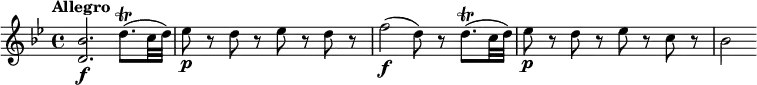 \relative c'' {
\override Score.NonMusicalPaperColumn #'line-break-permission = ##f
\version "2.18.2"
\key bes \major
\tempo "Allegro"
\tempo 4 = 140
<bes d,>2.\f d8.\trill( c32 d) |
es8\p r d r es r d r |
f2\f (d8) r d8.\trill( c32 d) |
es8\p r d r es r c r |
bes2
}