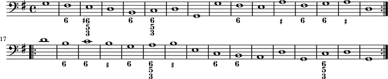 <<
\relative c' {
\version "2.18.2"
\key g \major
\time 4/4
\tempo ""
\clef bass
g1 fis e d b c d g,
g' fis e a fis g a d, \bar ":|.|:" \break
d' b c b g a b e,
c b a d g, c d g, \bar ":|."
}
\new FiguredBass {
\figuremode {
<_>1 <6> <6+ 5 3> <_> <6> <6 5 3> <_> <_>
<_> <6> <_> <_+> <6> <6> <_+> <_>
<_> <6> <6> <_+> <6> <6 5 3> <_+> <_>
<6> <6> <_> <_> <_> <6 5 3> <_> <_>
}
}
>>