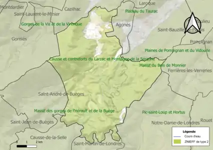 Carte des ZNIEFF de type 2 sur la commune.