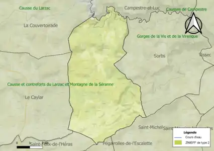 Carte des ZNIEFF de type 2 sur la commune.