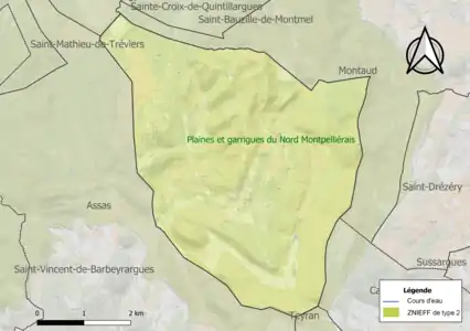 Carte de la ZNIEFF de type 2 sur la commune.