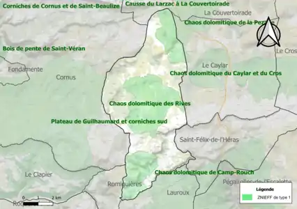 Carte des ZNIEFF de type 1 sur la commune.
