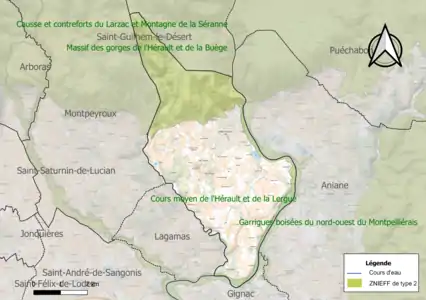 Carte des ZNIEFF de type 2 sur la commune.