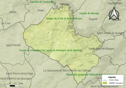 Carte des ZNIEFF de type 2 sur la commune.