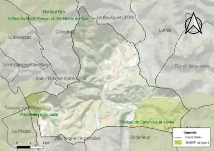 Carte des ZNIEFF de type 2 sur la commune.