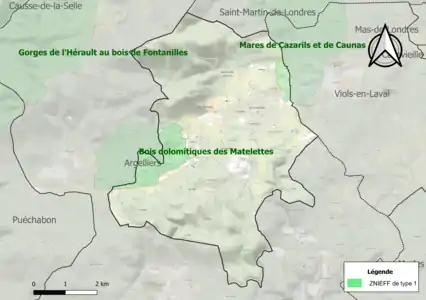 Carte des ZNIEFF de type 1 sur la commune.