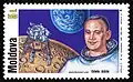 Timbre moldave avec le portrait dessiné d'Aldrin.