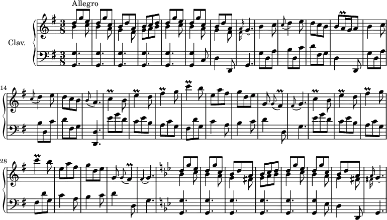 
\version "2.18.2"
\header {
  tagline = ##f
}

% petites notes
prallAsz = { \tag #'print { a16\prall } \tag #'midi { \times 2/3 { a32 b a } } }
prallC = { \tag #'print { c4\prall } \tag #'midi { d32 c d c~ c8 } }
prallE = { \tag #'print { e4\prall } \tag #'midi { fis32 e fis e~ e8 } }
prallFis = { \tag #'print { fis4\prall } \tag #'midi { g32 fis g fis~ fis8 } }

upper = \relative c'' {
  \clef treble 
  \key g \major
  \time 3/8
  \tempo 4. = 82
  \set Staff.midiInstrument = #"harpsichord"

    << { d8^\markup{Allegro} g e  | d g c, | b d a | b c \tempo 4. = 70 d | \tempo 4. = 82 d g e  | d g c, | b d a } \\ { b4 c8 | b4 a8 | g4 fis8 | g a b | b4 c8 | b4 a8 | g4 fis8 } >>
    % ms. 8
    \acciaccatura { << { a16( } \\ { fis16( } >> } g4.) | b4 c8 | \appoggiatura c8 d4 e8 | d c b | b8 \prallAsz g16 a8 | b4 c8 | \appoggiatura c8 d4 e8 | d c b | \appoggiatura b8 a4. | \prallC b8 | \prallE d8 | \prallFis g8 | \prallC b8 | e,8 a fis | g d e | 
    % ms. 23
    g,8 \appoggiatura g8 \prallFis | \appoggiatura fis8 g4. | \prallC b8 | \prallE d8 | \prallFis g8 | \prallC b8 | e,8 a fis | g d e | 
    % ms. 31
    g,8 \appoggiatura g8 fis4\prall | \appoggiatura fis4 g4. | \key g \minor  << { d'8 g ees  | d g c, | bes d a | bes c \tempo 4. = 70 d | \tempo 4. = 82 d g ees  | d g c, | bes d a } \\ { bes4 c8 | bes4 a8 | g4 fis8 | g a bes | bes4 c8 | bes4 a8 | g4 fis8 } >>
    % ms. 40
    \acciaccatura { << { a16( } \\ { fis16( } >> } g4.) | 

}

lower = \relative c' {
  \clef bass
  \key g \major
  \time 3/8
  \set Staff.midiInstrument = #"harpsichord"

    % **************************************
    \repeat unfold 5 { < g, g' >4. } < g g' >4 c8 | d4 d,8 | g4. | g'8 d a' | b d, c' | d fis, g | d4 d,8 | g'8 d a' | b d, c' |
    % ms. 15
    d8 fis, g | < d, d' >4. | \repeat unfold 2 { e''8 g d | c e b | a c g | fis d' g, | c4 a8 | b4 c8 | 
    % ms. 23
    d4 d,8 | g4. } |  \key g \minor  \repeat unfold 5 { < g, g' >4. } < g g' >4 ees'8 | d4 d,8 | g4. 

}

thePianoStaff = \new PianoStaff <<
    \set PianoStaff.instrumentName = #"Clav."
    \new Staff = "upper" \upper
    \new Staff = "lower" \lower
  >>

\score {
  \keepWithTag #'print \thePianoStaff
  \layout {
      #(layout-set-staff-size 17)
    \context {
      \Score
     \override SpacingSpanner.common-shortest-duration = #(ly:make-moment 1/2)
      \remove "Metronome_mark_engraver"
    }
  }
}

\score {
  \keepWithTag #'midi \thePianoStaff
  \midi { }
}
