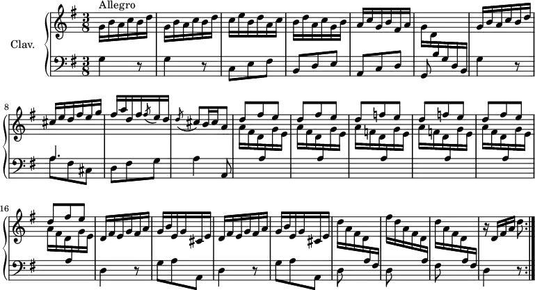 
\version "2.18.2"
\header {
  tagline = ##f
  % composer = "Domenico Scarlatti"
  % opus = "K. deest"
  % meter = "Allegro"
}

%% les petites notes
%trillBesp     = { \tag #'print { bes4.\prall } \tag #'midi { c32 bes c bes~ bes4 } }

upper = \relative c'' {
  \clef treble 
  \key g \major
  \time 3/8
  \tempo 4. = 72
  \set Staff.midiInstrument = #"harpsichord"
  \override TupletBracket.bracket-visibility = ##f

  \repeat volta 2 {
      s8*0^\markup{Allegro}
      \repeat unfold 2 { g16 b a c b d } | c e b d a c | b d a c g b |
      % ms. 5
      a16 c g b fis a | \stemDown g d  \stemUp \change Staff = "lower" b g d b | \change Staff = "upper"  g'' b a c b d | cis e d fis e g | fis a d, fis \acciaccatura fis8 e16 d |
      % ms. 10
      \acciaccatura d8 cis8 b16 cis   \tempo 4. = 50 a8 |   \tempo 4. = 72 \repeat unfold 2 { d8 fis e } | \repeat unfold 2 { d8 f e }
      % ms. 15
      \repeat unfold 2 { d8 fis e } |  \repeat unfold 2 { d,16 fis e g fis a | g b e, g cis, e } | 
      % ms. 21
      \stemDown d'16 a fis d \stemUp \change Staff = "lower" a fis |  \stemDown \change Staff = "upper" fis'' d a fis d \stemUp \change Staff = "lower" a |  \stemDown \change Staff = "upper"  d' a fis d \stemUp \change Staff = "lower" a fis | \stemNeutral \change Staff = "upper"  r16 d'[ fis a]  \tempo 4. = 40 d8 \tempo 4. = 72 }%repet

}

lower = \relative c' {
  \clef bass
  \key g \major
  \time 3/8
  \set Staff.midiInstrument = #"harpsichord"
  \override TupletBracket.bracket-visibility = ##f

  \repeat volta 2 {
    % ************************************** 
      g4 r8 | g4 r8 | c,8 e fis | b, d e |
      % ms. 5
      a,8 c d | g, s4 | g'4 r8 | << { \mergeDifferentlyDottedOn a4. } \\ { a8 fis cis } >> | d8 fis g |
      % ms. 10
      a4 a,8 | \stemDown \change Staff = "upper" \repeat unfold 2 { a''16 fis d \stemUp \change Staff = "lower" a \stemDown \change Staff = "upper" g' e } | \stemDown \change Staff = "upper" \repeat unfold 2 { a16 f d \stemUp \change Staff = "lower" a \stemDown \change Staff = "upper" g' e } |
      % ms. 15
      \stemDown \change Staff = "upper" \repeat unfold 2 { a16 fis d \stemUp \change Staff = "lower" a \stemDown \change Staff = "upper" g' e } |  \stemNeutral \change Staff = "lower" d,4 r8 | g8 a a, | d4 r8 |
      % ms. 20
      g8 a a, | d8 s4 | d8 s4 | fis8 s4 | d4 r8 }%repet

}

thePianoStaff = \new PianoStaff <<
    \set PianoStaff.instrumentName = #"Clav."
    \new Staff = "upper" \upper
    \new Staff = "lower" \lower
  >>

\score {
  \keepWithTag #'print \thePianoStaff
  \layout {
      #(layout-set-staff-size 17)
    \context {
      \Score
     \override SpacingSpanner.common-shortest-duration = #(ly:make-moment 1/2)
      \remove "Metronome_mark_engraver"
    }
  }
}

\score {
  \unfoldRepeats
  \keepWithTag #'midi \thePianoStaff
  \midi { }
}
