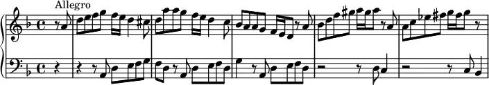 
\version "2.18.2"
\header {
  tagline = ##f
  % composer = "Domenico Scarlatti"
  % opus = "K. 89"
  % meter = "Allegro"
}

%% les petites notes
%trillBesp     = { \tag #'print { bes4.\prall } \tag #'midi { c32 bes c bes~ bes4 } }

upper = \relative c'' {
  \clef treble 
  \key d \minor
  \time 4/4
  \tempo 4 = 82
  \set Staff.midiInstrument = #"harpsichord"
  \override TupletBracket.bracket-visibility = ##f

 \partial 4
      s8*0^\markup{Allegro}
      r8 a8 | d e f g f16 e d4 cis8 | d a' a g f16 e d4 c8 | bes a a g f16 e d8 r8 a'8 |
      % ms. 4
      bes8 d f gis a16 gis a8  r8 a,8 | a c ees fis g16 fis g8 r8 s8 |


}

lower = \relative c' {
  \clef bass
  \key d \minor
  \time 4/4
  \set Staff.midiInstrument = #"harpsichord"
  \override TupletBracket.bracket-visibility = ##f

    % ************************************** \appoggiatura a16  \repeat unfold 2 {  } \times 2/3 { }   \omit TupletNumber 
      r4 r4 r8 a,8 d e f g | f d r8 a8 d e f d | g4 r8 a,8 d e f d | 
      % ms. 4
      r2 r8 d8 c4 | r2 r8 c8 bes4

}

thePianoStaff = \new PianoStaff <<
    \set PianoStaff.instrumentName = #""
    \new Staff = "upper" \upper
    \new Staff = "lower" \lower
  >>

\score {
  \keepWithTag #'print \thePianoStaff
  \layout {
      #(layout-set-staff-size 17)
    \context {
      \Score
     \override SpacingSpanner.common-shortest-duration = #(ly:make-moment 1/2)
      \remove "Metronome_mark_engraver"
    }
  }
}

\score {
  \keepWithTag #'midi \thePianoStaff
  \midi { }
}
