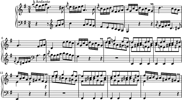 
\version "2.18.2"
\header {
  tagline = ##f
}

%% les petites notes
trillG = { \tag #'print { g4\prall } \tag #'midi { a32 g a g~ g8 } }
trillEpar = { \tag #'print { e4-\parenthesize\prall } \tag #'midi { fis32 e fis e~ e8 } }
trillFis = { \tag #'print { fis4\prall } \tag #'midi { gis32 fis gis fis gis fis~ fis16 } }
 
% \acciaccatura % avec trait
% \appoggiatura % sans trait
upper = \relative c'' {
  \clef treble 
  \key g \major
  \time 3/4
  \tempo 4 = 76
  \set Staff.midiInstrument = #"harpsichord"

     % \acciaccatura a'16 
    \appoggiatura a'16 g16^\markup{Andante} fis g a d,4. dis8 | \acciaccatura fis16 e dis16 e fis a,4. b8 | \acciaccatura d16 c16 b c d g,8 fis g a | 
     % ms. 4
     b16 g c a  d b c a \trillG | d'4. c8 b a | g4. fis8 g a | d,4 d'8 e d c | 
     % ms. 8
     b16 g c a  d b c a \trillG | << { d'8 e f4 e8 d~ | d b c d e b | c d e b c dis } \\ { d8 c b a gis f | e gis a f e gis | a f e gis a fis } >>
     % ms. 12
     << { e'16 b c a b gis a fis \trillEpar } \\ { e4 r4 r4 } >> | << { e'8 fis g4 fis8 e~ | e cis d e fis cis | d e fis cis d eis } \\ { e8 d  cis b  ais g | fis ais  b g  fis ais | b g fis ais b gis } >>
     % ms. 16
     << { fis'16 cis d b  cis ais b gis \trillFis } \\ { fis4 } >>

}

lower = \relative c' {
  \clef bass
  \key g \major
  \time 3/4
  \set Staff.midiInstrument = #"harpsichord"

    % **************************************
     \grace s16 r4 r8   \clef treble  g'8 a b | c4 { \tag #'print { a8 } \tag #'midi { s8 } } b a g | fis e d c b a |
     % ms. 4
     g4 r4 r4 | \acciaccatura a'8 g16 fis g a d,4. dis8 | \acciaccatura fis8 e16 dis e fis   \clef bass a,4. b8 | \acciaccatura c8 b16 a b c d8 c b a | 
     % ms. 8
     g4 r4 r4 | R2. | \repeat unfold 7 { e,4 } r4 r4 | R2. | \repeat unfold 7 { fis4 } r4 r4 |

}

thePianoStaff = \new PianoStaff <<
    \set PianoStaff.instrumentName = #"Clav."
    \new Staff = "upper" \upper
    \new Staff = "lower" \lower
  >>

\score {
  \keepWithTag #'print \thePianoStaff
  \layout {
      #(layout-set-staff-size 17)
    \context {
      \Score
     \override SpacingSpanner.common-shortest-duration = #(ly:make-moment 1/2)
      \remove "Metronome_mark_engraver"
    }
  }
}

\score {
  \keepWithTag #'midi \thePianoStaff
  \midi { }
}
