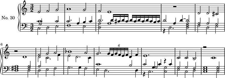 \version "2.14.2"
\header {
tagline = ##f
}
upper = \relative c' {
\clef treble
\key c \major
\time 3/2
\tempo 2 = 72
\set Staff.midiInstrument = #"harpsichord"
e2 f g a1 g2 f e1 s2 r1
d2 d cis r2 d1
<< { f2 g a bes1 a2 g2. \tempo 2 = 65 \times 4/6 { g16 f g f e f } \tempo 2 = 72 d4 f e1. c2 c b r2 c1 } \\ { d2 c2. f4 e2 d2. c4 } >>
}
lower = \relative c {
\clef bass
\key c \major
\time 3/2
\set Staff.midiInstrument = #"harpsichord"
<< { c'1 c2 c2. a4 b c d2. \repeat unfold 2 { d16 cis d cis } d cis b cis d2 a4 d4~ d2 } \\ { c,2 d e f1 e2 < a d, >2 a1 r4 d,2. < a' f d >2 } \\ { g2 } >>
<< { a2 a g < a fis >1 < a fis >2 a2 } \\ { f2 d e d1 d2 d e f } >>
g2. g4 f2
<< { c'1 b2 c g4 c r4 c4 g2 g f < g e >1 < g e >2 } \\ { e2 d2. d4 r4 c2. < g' c, >2 e c d c1 c2 } \\ { s2*4 g'2 } >>
}
\score {
\new PianoStaff <<
\set PianoStaff.instrumentName = #"No. 30"
\new Staff = "upper" \upper
\new Staff = "lower" \lower
>>
\layout {
\context {
\Score
\remove "Metronome_mark_engraver"
}
}
\midi { }
}