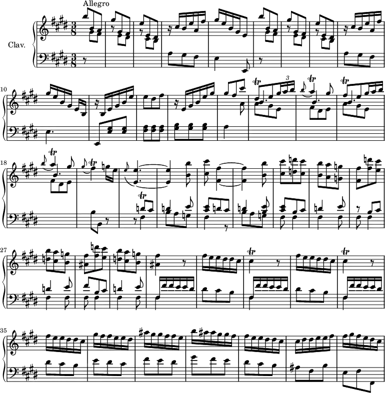 
\version "2.18.2"
\header {
  tagline = ##f
  % composer = "Domenico Scarlatti"
  % opus = "K. 136"
  % meter = "Allegro"
}

%% les petites notes
trillDisqDown  = { \tag #'print { dis,8\trill } \tag #'midi { e32 dis e dis } }
trillA         = { \tag #'print { a4\trill } \tag #'midi { b32 a b a~ a8 } }
trillFisq      = { \tag #'print { fis8\trill } \tag #'midi { gis32 fis gis fis } }
trillFis       = { \tag #'print { fis4\trill } \tag #'midi { gis32 fis gis fis~ fis8 } }
trillCis       = { \tag #'print { cis4\trill } \tag #'midi { dis32 cis dis cis~ cis8 } }
trillDqUp      = { \tag #'print { d'8\trill } \tag #'midi { e32 d e d } }

upper = \relative c'' {
  \clef treble 
  \key e \major
  \time 3/8
  \tempo 4. = 72
  \set Staff.midiInstrument = #"harpsichord"
  \override TupletBracket.bracket-visibility = ##f

      s8*0^\markup{Allegro}
      \stemUp b'8 b, a | gis' gis, fis | e' e, dis | r16 cis'16 b e a, fis' | gis e b gis e8 | b''8 b, a |
      % ms. 7
      gis' gis, fis | e' e, dis | r16 cis'16 b e a, fis' | gis e b gis e[ b] | r16 b16 e gis b e | \stemNeutral e8 dis fis | \stemUp
      % ms. 13
      r16 e,16 gis b e gis | gis8 fis cis' | \trillDisqDown e8 \times 2/3 { gis16 a b }   \omit TupletNumber | \appoggiatura b8 \trillA gis8 | \trillFisq e8  \times 2/3 { gis16 a b } | \appoggiatura b8 \trillA gis8 | \stemNeutral \appoggiatura gis8 \trillFis g16 e |
      % ms. 20
      \appoggiatura e8 < e, e' >4.~ | q4 < b' b' >8 < cis cis' >8 < fis, fis' >4~ | q4 < b b' >8 | < cis cis' > < d d' > < cis cis' > < b b' > < a a' > < g g' > < fis fis' > < fis' d' > < e cis' > |
      % ms. 27
      < d b' >8 < cis a' > < b g' > | < ais fis' > < fis' d' > < e cis' > |  < d b' >8 < cis a' > < b g' > | < ais fis' >4 r8 | \repeat unfold 2 { fis'16 e e dis dis cis | \trillCis r8 } | 
      % ms. 35
      fis16 e e dis dis cis | gis' fis fis e e dis | ais' gis gis fis fis e | b' ais ais gis gis fis |
      % ms. 29
      fis16 e e dis dis cis | cis dis dis e e fis | fis gis fis e dis cis | 

}

lower = \relative c' {
  \clef bass
  \key e \major
  \time 3/8
  \set Staff.midiInstrument = #"harpsichord"
  \override TupletBracket.bracket-visibility = ##f

    % ************************************** \appoggiatura a16  \repeat unfold 2 {  } \times 2/3 { }   \omit TupletNumber 
      r8 \stemDown \change Staff = "upper"  gis'8 fis r8 e dis | r8 cis b | \stemNeutral \change Staff = "lower" a8 gis fis | e4 e,8 | r8 \stemDown \change Staff = "upper"  gis''8 fis | 
      % ms. 7
      r8 e8 dis | r8 cis b |  \stemNeutral \change Staff = "lower" a8 gis fis | e4. | e,8 < e' gis >8 q | < fis a > q q
      % ms. 13
      < gis b >8 q q | a4 \stemDown \change Staff = "upper" a'8 \repeat unfold 2 { << { \shiftOn b4. b } \\ { a8 gis e | fis dis e } >> } \stemNeutral \change Staff = "lower" b8 b, r8 |
      % ms. 20
      r8 << { \trillDqUp cis8 | d4 e8 | < cis e > d cis | d4 < b e >8 | < cis e > b cis | d4 e8 | r8 b8 cis } 
      \\ { fis,4 | b8 a g | fis4 r8 | b8 a g | fis8 fis4 | fis4 fis8 | fis fis4 } >>
      % ms. 27
      << { d'4 e8 | fis b, cis | d4 e8 | fis,16 fis' fis e e dis } \\ { fis,4 fis8 | fis fis4 | fis fis8 | fis4 } >> | dis'8 cis b | \repeat unfold 2 { << { fis16 fis' fis e e dis } \\ { fis,4 } >> dis'8 cis b } | 
      % ms. 36
      e8 dis cis | fis e dis | gis fis e |
      % ms. 39
      dis8 cis b | ais fis b | e, fis fis, |

}

thePianoStaff = \new PianoStaff <<
    \set PianoStaff.instrumentName = #"Clav."
    \new Staff = "upper" \upper
    \new Staff = "lower" \lower
  >>

\score {
  \keepWithTag #'print \thePianoStaff
  \layout {
      #(layout-set-staff-size 17)
    \context {
      \Score
     \override SpacingSpanner.common-shortest-duration = #(ly:make-moment 1/2)
      \remove "Metronome_mark_engraver"
    }
  }
}

\score {
  \keepWithTag #'midi \thePianoStaff
  \midi { }
}
