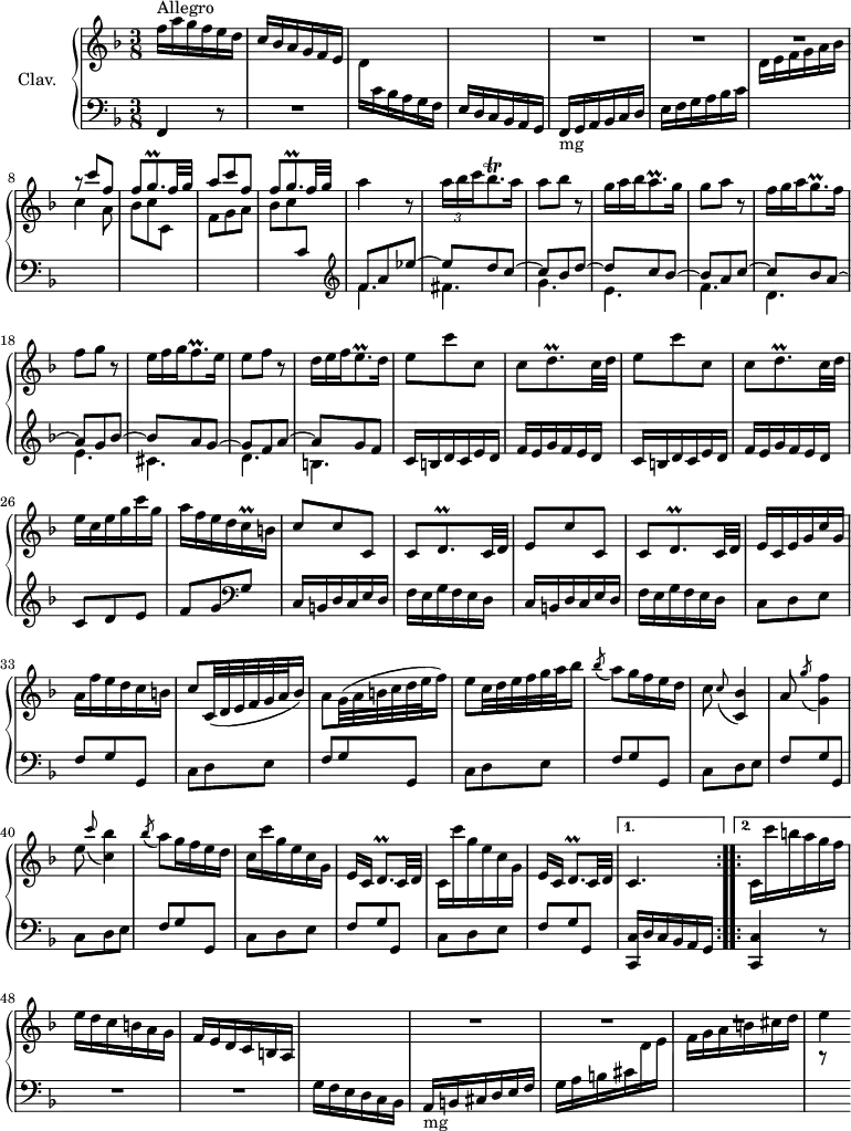 
\version "2.18.2"
\header {
  tagline = ##f
  % composer = "Domenico Scarlatti"
  % opus = "K. 506"
  % meter = "Allegro"
}

%% les petites notes
trillGqp     = { \tag #'print { g8.\prall } \tag #'midi { \times 2/3 { a16 g a } g16 } }
trillBesqp   = { \tag #'print { bes8.\trill } \tag #'midi { \times 2/3 { c16 bes c } bes16 } }
trillDqp     = { \tag #'print { d8.\prall } \tag #'midi { \times 2/3 { e16 d e } d16 } }
trillCqq     = { \tag #'print { c16\prall } \tag #'midi { \times 2/3 { c32 d c } } }
trillEqp     = { \tag #'print { e8.\prall } \tag #'midi { \times 2/3 { f16 e f } e16 } }
trillFqp     = { \tag #'print { f8.\prall } \tag #'midi { \times 2/3 { g16 f g } f16 } }
trillGqp     = { \tag #'print { g8.\prall } \tag #'midi { \times 2/3 { a16 g a } g16 } }

upper = \relative c'' {
  \clef treble 
  \key f \major
  \time 3/8
  \tempo 4. = 72
  \set Staff.midiInstrument = #"harpsichord"
  \override TupletBracket.bracket-visibility = ##f

  \repeat volta 2 {
      s8*0^\markup{Allegro}
      f16 a g f e d | c bes a g f e | s4. | s4. | R4.*3 | \stemUp
      % ms. 8
      r8 c''8 f, | f \trillGqp f32 g | a8 c f, | f \trillGqp  f32 g \stemNeutral | a4 r8 | \times 2/3 { a16 bes c } \trillBesqp a16 |
      % ms. 14
      a8 bes r8 | \omit TupletNumber \times 2/3 { g16 a bes } a8.\prall g16 | g8 a r8 | \times 2/3 { f16 g a } \trillGqp f16 | f8 g r8 | \times 2/3 { e16 f g } \trillFqp e16 | e8 f r8 |
      % ms. 21
      \times 2/3 { d16 e f } \trillEqp d16 | \repeat unfold 2 { e8 c' c, | c \trillDqp c32 d } | e16 c e g c g |
      % ms. 27
      a16 f e d \trillCqq b | c8 c c, | c \trillDqp c32 d | e8 c' c, | c \trillDqp c32 d | e16 c e g c g | 
      % ms. 33
      a16 f' e d c b | c8 c,32( d e f g a bes16) | a8 g32( a b c d e f16) | e8 c32 d e f g a bes16 | \acciaccatura bes8 a8 g16 f e d | c8 \appoggiatura c8 < c, bes' >4 
      % ms. 39
      a'8 \acciaccatura g'8 < g, f' >4 | e'8 \appoggiatura c'8 < c, bes' >4 | \acciaccatura bes'8 a8 g16 f e d | c c' g e c g | e[ c] d8.\prall c32 d | c16 c'' g e c g |
      % ms. 45
      e16[ c] d8.\prall c32 d }%repet
      \alternative {
          { c4. \bar ":..:" }
          { c16 c'' b a g f }
      }
      % ms. 47
        e16 d c b a g | f e d c b a | s4. | R4.*3 | r8 s8

}

lower = \relative c' {
  \clef bass
  \key f \major
  \time 3/8
  \set Staff.midiInstrument = #"harpsichord"
  \override TupletBracket.bracket-visibility = ##f

  \repeat volta 2 {
    % ************************************** \appoggiatura a16  \repeat unfold 2 {  } \times 2/3 { }   \omit TupletNumber 
      f,,4 r8 | R4. | \stemDown \change Staff = "upper" d''16 \stemNeutral \change Staff = "lower" c bes a g f | e d c bes a g | f-\markup{mg} g a bes c d | e f g a bes c | \stemDown \change Staff = "upper"  
      % ms. 7
      d16 e f g a bes | c4 a8 | bes c c, | f g a | bes c \stemNeutral \change Staff = "lower" c,  \clef treble |
      << { f8 a ees'~ | ees d c~ | c bes d~ | d c bes~ | bes a c~ | c bes a~ | a g bes~ | bes a g~ | g f a~ | a g f } 
      \\ { \mergeDifferentlyDottedOn f4. fis | g e f d e cis d | b } >>
      % ms. 22
      \repeat unfold 2 { c16 b d c e d | f e g f e d } | c8 d e |
      % ms. 27
      f8 g \clef bass g, | \stemNeutral \change Staff = "lower" \repeat unfold 2 { c,16 b d c e d | f e g f e d } | \repeat unfold 7 { c8 d e |
      % ms. 33
      f8 g g, } | 
      % ms. 46
      }%repet
      \alternative {
          { < c, c' >16 d' c bes a g }
          { < c, c' >4 r8 }
      }
      R4.*2 | g''16 f e d c bes |
      % ms. 51
      a16-\markup{mg} b cis d e f | g a b cis \stemDown \change Staff = "upper"  d e | f g a b cis d | e4

}

thePianoStaff = \new PianoStaff <<
    \set PianoStaff.instrumentName = #"Clav."
    \new Staff = "upper" \upper
    \new Staff = "lower" \lower
  >>

\score {
  \keepWithTag #'print \thePianoStaff
  \layout {
      #(layout-set-staff-size 17)
    \context {
      \Score
     \override SpacingSpanner.common-shortest-duration = #(ly:make-moment 1/2)
      \remove "Metronome_mark_engraver"
    }
  }
}

\score {
  \unfoldRepeats
  \keepWithTag #'midi \thePianoStaff
  \midi { }
}
