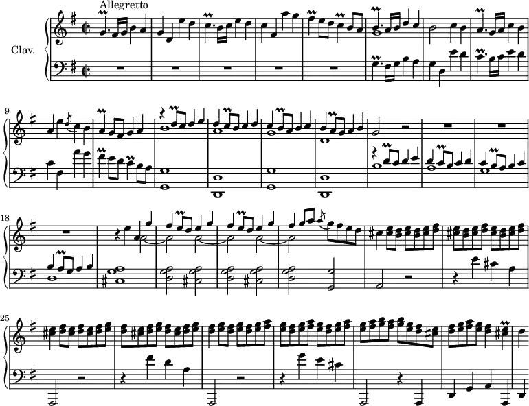 
\version "2.18.2"
\header {
  tagline = ##f
  % composer = "Domenico Scarlatti"
  % opus = "K. 520"
  % meter = "Allegro"
}

%% les petites notes
trillGp     = { \tag #'print { g4.\prall } \tag #'midi { a32 g a g~ g4 } }
trillCp     = { \tag #'print { c4.\prall } \tag #'midi { d32 c d c~ c4 } }
trillFis    = { \tag #'print { fis4\prall } \tag #'midi { g32 fis g fis~ fis8 } }
trillC      = { \tag #'print { c4\prall } \tag #'midi { d32 c d c~ c8 } }
trillBp     = { \tag #'print { b4.\prall } \tag #'midi { c32 b c b~ b4 } }
trillAp     = { \tag #'print { a4.\prall } \tag #'midi { b32 a b a~ a4 } }
trillA      = { \tag #'print { a4\prall } \tag #'midi { b32 a b a~ a8 } }

trillDq     = { \tag #'print { d8\prall } \tag #'midi { e32 d e d } }
trillCq     = { \tag #'print { c8\prall } \tag #'midi { d32 c d c } }
trillEq     = { \tag #'print { e8\prall } \tag #'midi { fis32 e fis e } }
trillBq     = { \tag #'print { b8\prall } \tag #'midi { c32 b c b } }
trillAq     = { \tag #'print { a8\prall } \tag #'midi { b32 a b a } }
trillECis   = { \tag #'print { < cis e >4\prall } \tag #'midi { << { fis32 e fis e~ e8 } \\ { cis4 } >> } }

upper = \relative c'' {
  \clef treble 
  \key g \major
  \time 2/2
  \tempo 2 = 76
  \set Staff.midiInstrument = #"harpsichord"
  \override TupletBracket.bracket-visibility = ##f

      s8*0^\markup{Allegretto}
      \trillGp fis16 g b4 a | g d e' d | \trillCp b16 c e4 d | c fis, a' g | \trillFis e8 d \trillC b8 a |
      % ms. 6
      << { \trillBp a16 b d4 c } \\ { g1 } >> b2 c4 b | \trillAp g16 a c4 b | a e' \acciaccatura d8 c4 b | \trillA g8 fis g4 a |
      % ms. 11
      << { r4 \trillDq c8 d4 e | d \trillCq b8 c4 d | c \trillBq a8 b4 c | b \trillAq g8 a4 b } \\ { b1 a g d } >> g2 r2
      % ms. 16… 19…
      R1*3 | r4 e'4 << { a,4 g' | \repeat unfold 2 { fis \trillEq d8 e4 g } | fis4 g8[ a] } \\ { \repeat unfold 3 { a,2~ | a } } >> |
      % ms. 22 suite
      \acciaccatura a'8 g8 fis e d | cis4 < cis e >8 < b d > \repeat unfold 3 { < cis e >8 < b d >  < cis e > < d fis > } |
      % ms. 25
      < cis e >4 < d fis >8 < cis e > \repeat unfold 3 { < d fis > < cis e >  < d fis > < e g > } | < d fis >4 < e g >8 < d fis > \repeat unfold 3 { < e g >8 < d fis > < e g > < fis a > }
      % ms. 29
      < e g >8 \repeat unfold 2 { < fis a >8 < g b > } < e g >8 < d fis > < cis e > | < d fis > < e g > < fis a > < e g > < d fis >4 \trillECis | d4

}

lower = \relative c' {
  \clef bass
  \key g \major
  \time 2/2
  \set Staff.midiInstrument = #"harpsichord"
  \override TupletBracket.bracket-visibility = ##f

    % ************************************** \appoggiatura a16  \repeat unfold 2 {  } \times 2/3 { }   \omit TupletNumber 
      R1*5 |
      % ms. 6
      \trillGp fis16 g b4 a | g d e' d | \trillCp b16 c e4 d | c fis, a' g | \trillFis e8 d \trillC b8 a |
      % ms. 11
      \repeat unfold 2 { < g, g' >1 < d d' > } | 
      % ms. 15
      << { g''4\rest \trillDq c8 d4 e | d \trillCq b8 c4 d | c \trillBq a8 b4 c | b \trillAq g8 a4 b } \\ { b1 a g d } >>
      % ms. 19
      < cis g' a >1 | \repeat unfold 2 { < d g a >2 < cis g' a > } |
      % ms. 22
      < d g a >2 < g, g' > | a2 r2 | r4 e''4 cis a | 
      % ms. 25
      a,,2 r2 | r4 fis'''4 d a | a,,2 r2 | r4 g'''4 e cis |
      % ms. 29
      a,,2 r4 a4 | d g a a, | d 

}

thePianoStaff = \new PianoStaff <<
    \set PianoStaff.instrumentName = #"Clav."
    \new Staff = "upper" \upper
    \new Staff = "lower" \lower
  >>

\score {
  \keepWithTag #'print \thePianoStaff
  \layout {
      #(layout-set-staff-size 17)
    \context {
      \Score
     \override SpacingSpanner.common-shortest-duration = #(ly:make-moment 1/2)
      \remove "Metronome_mark_engraver"
    }
  }
}

\score {
  \keepWithTag #'midi \thePianoStaff
  \midi { }
}
