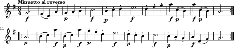 \relative c' {
\version "2.18.2"
\key g \major
\time 3/4
\tempo "Minuetto al roverso"
\tempo 4 = 120
\repeat volta 2 { g'2. \f fis4 (d) a'
g-. \p a-. b-.
c2. \f
b4-. \p c-. d-.
e2. \f
d4-. fis-. g-.
a \f c, \p (b)
a' \f c, \p (b)
a2. }
\repeat volta 2 {
a2. \p
b4 (c) a' \f
b,4\p (c) a' \f
g-. \p fis-. d-.
e2. \f
d4-. \p c-. b-.
c2. \f
b4-. \p a-. g-.
a \f d, (fis)
g2.
}
}
