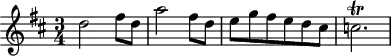 
\header {
  tagline = ##f
}

\score {
  \new Staff \with {

  }
<<
  \relative c'' {
    \key d \major
    \time 3/4
    \override TupletBracket #'bracket-visibility = ##f 
    \autoBeamOff

     %%%%%%%%%%%%%%%%%%%%%%%%%% K7
     d2 fis8[ d] a'2 fis8[ d] e[ g fis e d cis] c2.\trill

  }
>>
  \layout {
    \context {
      \remove "Metronome_mark_engraver"
    }
  }
  \midi {}
}
