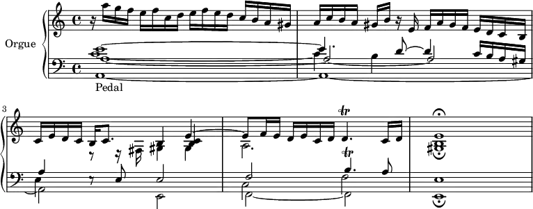 \version "2.18.2"
\header {
tagline=##f
}
Trilldq={ \tag #'print { d4.\trill } \tag #'midi { \repeat unfold 4 { e32 d~ } d8 } }
Trillbq={ \tag #'print { b4.\trill } \tag #'midi { \repeat unfold 4 { c32 b~ } b8 } }
upper=\relative c'' {
\clef treble
\key c \major
\time 4/4
\tempo 4=60
\tempo "Allegro"
\set Staff.midiInstrument=#"church organ"
r16 a'16 g f e f c d e f e d c b a gis a c b a gis b r16 e,16 f a gis f e d c b
<< { c16 e d c b c8. s4 e4~|e8 f16 e d e c d \Trilldq c16 d e1\fermata } \\ { s4 r8 r16 fis,16 gis4 gis a2. s4 < gis b >1\fermata } \\ { s2 b4 < b c > } >>
}
lower=\relative c' {
\clef bass
\key c \major
\time 4/4
\set Staff.midiInstrument=#"church organ"
<< { e1~ e4. d8~ d4 c16 b a gis a4 s8 e8 e2 f \Trillbq a8 e1 } \\ { s4*0-\markup{Pedal} a,1~ a~ a2 e f~ f e1\fermata } \\ { a'1_~ a2_~ a } \\ { c1~ c4 b s2 e,4 e8\rest s8 s2 c2 f } >> \bar "|"
}
thePianoStaff=\new PianoStaff <<
\set PianoStaff.instrumentName=#"Orgue"
\new Staff="upper" \upper
\new Staff="lower" \lower
>>
\score {
\keepWithTag #'print \thePianoStaff
\layout {
#(layout-set-staff-size 17)
\context {
\Score
\override SpacingSpanner.common-shortest-duration=#(ly:make-moment 1/2)
\remove "Metronome_mark_engraver"
}
}
}
\score {
\keepWithTag #'midi \thePianoStaff
\midi { }
}