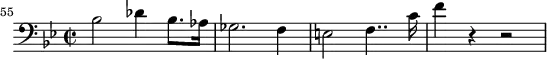 
\header {
  tagline = ##f
}

\score {
  \new Staff \with {

  }
<<
  \relative c' {
    \key bes \major
    \time 2/2
    \tempo 2 = 80
    \override TupletBracket #'bracket-visibility = ##f 
    %\autoBeamOff
    \set Score.currentBarNumber = #55
    \set Staff.midiInstrument = #"French horn"
    \bar ""
     %%% AB 5-1 th1
     \clef bass bes2 des4 bes8. aes16 ges2. f4 e!2 f4.. c'16 f4 r4 r2

  }
>>
  \layout {
    \context { \Score \remove "Metronome_mark_engraver"
    }
  }
  \midi {}
}
