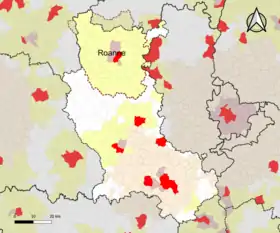 Localisation de l'aire d'attraction de Roanne dans le département de la Loire.