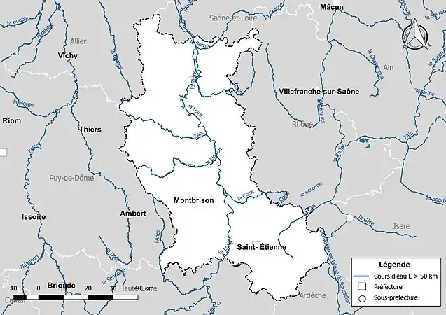 Carte des cours d'eau de longueur supérieure à 50&nbsp;km de la Loire.