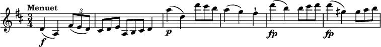 
\relative c'' {
  \version "2.18.2"
  \key d \major
  \time 3/4
  \tempo "Menuet"
  \tempo 4 = 100
  d,4 \f (a)  \tuplet 3/2 { fis'8 (e d) } \scaleDurations 2/3 { cis8 d e }  \scaleDurations 2/3 {a,8 b cis} d4 
  a''4\p (d,)  \scaleDurations 2/3 { d'8 cis b } 
  a4 (g) fis-!
  d'4\fp (b) \scaleDurations 2/3 { b8 cis d }
  d4\fp (gis,) \scaleDurations 2/3 { gis8 a b }
}

