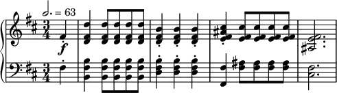 \version "2.18.2"
\header {
tagline = ##f
}
upper = \relative c' {
\clef treble
\key b \minor
\time 3/4
\tempo 2. = 63
%\override TupletBracket.bracket-visibility = ##f
%%Schubert — Menuet D.894
\partial 4 fis4-.\f < d' fis, d >4 q8 q q q | < b fis d >4-. q-. q-. |
< cis fis, e ais >4-. < cis fis, e >8 q q q < fis, e ais, >2.
}
lower = \relative c {
\clef bass
\key b \minor
\time 3/4
fis4-. < b fis b, >4 < b fis b, >8 q q q < b fis d >4-. q-. q-. < fis fis, >4 < ais fis >8 q q q < fis cis >2.
}
\header {
piece = ""
}
\score {
\new PianoStaff <<
\new Staff = "upper" \upper
\new Staff = "lower" \lower
>>
\layout {
\context {
\Score
}
}
\midi { }
}