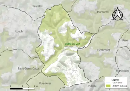 Carte de la ZNIEFF de type 2 sur la commune.