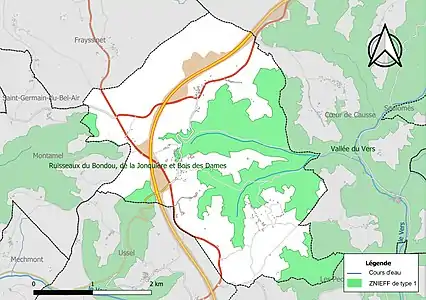 Carte des ZNIEFF de type 1 sur la commune.