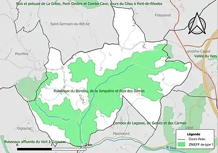Carte de la ZNIEFF de type 1 sur la commune.