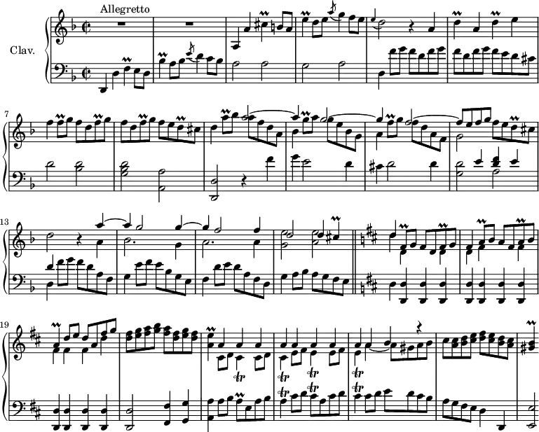 \version "2.18.2"
\header {
tagline = ##f
% composer = "Domenico Scarlatti"
% opus = "K. 552"
% meter = "Allegretto"
}
%% les petites notes
trillCis = { \tag #'print { cis4\prall } \tag #'midi { d32 cis d ces~ cis8 } }
trillEUp = { \tag #'print { e'4\prall } \tag #'midi { f32 e f e~ e8 } }
trillD = { \tag #'print { d4\prall } \tag #'midi { e32 d e d~ d8 } }
trillFq = { \tag #'print { f8\prall } \tag #'midi { g32 f g f } }
trillDq = { \tag #'print { d8\prall } \tag #'midi { e32 d e d } }
trillBesUp = { \tag #'print { bes'4\prall } \tag #'midi { c32 bes c bes~ bes8 } }
trillF = { \tag #'print { f4\prall } \tag #'midi { g32 f g f~ f8 } }
trillAUp = { \tag #'print { a'8\prall } \tag #'midi { bes32 a bes a } }
trillFisqDown = { \tag #'print { fis,8\prall } \tag #'midi { g32 fis g fis } }
trillFisq = { \tag #'print { fis8\prall } \tag #'midi { g32 fis g fis } }
trillAq = { \tag #'print { a8\prall } \tag #'midi { b32 a b a } }
trillA = { \tag #'print { a4^\prall } \tag #'midi { b32 a b a~ a8 } }
trillGqUp = { \tag #'print { g'8^\prall } \tag #'midi { a32 g a g } }
trillFqUp = { \tag #'print { f'8^\prall } \tag #'midi { g32 f g f } }
trillAE = { \tag #'print { < a e' >4\prall } \tag #'midi { << { fis32 e fis e~ \tempo 2 = 35 e8 \tempo 2 = 70 } \\ { a4 } >> } }
trillCisT = { \tag #'print { cis4\trill } \tag #'midi { d32 cis d cis~ cis8 } }
trillET = { \tag #'print { e4\trill } \tag #'midi { fis32 e fis e~ e8 } }
trillAT = { \tag #'print { a4\trill } \tag #'midi { b32 a b a~ a8 } }
trillCisqT = { \tag #'print { cis8\trill } \tag #'midi { d32 cis d cis } }
trillGisB = { \tag #'print { < gis b >4\prall } \tag #'midi { << { cis32 b cis b~ b8 } \\ { gis4 } >> } }
appoEDb = { \tag #'print { \appoggiatura e4 d2 } \tag #'midi { e8 d4. } }
upper = \relative c'' {
\clef treble
\key d \minor
\time 2/2
\tempo 2 = 70
\set Staff.midiInstrument = #"harpsichord"
\override TupletBracket.bracket-visibility = ##f
s8*0^\markup{Allegretto}
R1*2 | \tag #'print a,4 \tag #'midi r4 a'4 \trillCis b8 a | e'4\prall d8 e \acciaccatura a8 g4 f8 e |
% ms. 5
\appoEDb r4 \repeat unfold 2 { a4 | \trillD } e4 | f \trillFq g8 \repeat unfold 2 { f8 d \trillFq g8 } f8 e \trillDq cis |
% ms. 9
d4 \trillAUp bes8 << { a2~ | a4 s4 g2~ | g4 s4 f2~ | f8 e f g } \\ { a8 f d a | bes4 \trillGqUp a8 g e bes g | a4 \trillFqUp g8 f d a f | g2 } >> f'8 e \trillDq cis8 |
% ms. 13
d2 r4
<< { a'4~ | a g2 g4~ | g f2 f4 | d2 d4 \trillCis }
\\ { a4 | bes2. g4 | a2. a4 | < g e' >2 < a e' > } >> \bar "||" \key d \major
% ms. 17
<< { d4 } \\ { d4 } >>
<< { \trillFisqDown g8 fis d \trillFisq g8 | fis4 \trillAq b8 a fis \trillAq b8 | \trillA d8 e d a fis' g }
\\ { d,4 s4 d4 | d fis s4 fis4 fis fis fis d' } >> | < d fis >8 < e g > < fis a > < g b > < fis a > < d fis > < e g > < d fis >
% ms. 21
\trillAE
<< { \repeat unfold 8 { a4 } a4 b r4 }
\\ { \repeat unfold 2 { cis,8 d | \trillCisT } \repeat unfold 2 { e8 fis \trillET } a4~ a8 gis a b } >> | cis8 < a cis > < b d > < cis e > < d fis > < cis e > < b d > < a cis > |
% ms. 25
\trillGisB
}
lower = \relative c' {
\clef bass
\key d \minor
\time 2/2
\set Staff.midiInstrument = #"harpsichord"
\override TupletBracket.bracket-visibility = ##f
% ************************************** \appoggiatura a16 \repeat unfold 2 { } \times 2/3 { } \omit TupletNumber
d,,4 d' \trillF e8 d | \trillBesUp a8 bes \acciaccatura e8 d4 c8 bes | a2 a | g a |
% ms. 5
d,4 f'8 g \repeat unfold 2 { f8 d f g } f e d cis | d2 < bes d > | < g bes d > < a, a' >
% ms. 9
< d, d' >2 r4 f''4 | g e2 d4 | cis d2 d4 | << { s4 e4 < d f > e | d } \\ { < g, d' >2 a | d,4 } >>
% ms. 13 suite
f'8 g f d a f | g4 e'8 f e bes g e | f4 d'8 e d a f d | g4 a8 bes a g f e | \key d \major
% ms. 17
\tempo 2 = 35 d4 \tempo 2 = 70 \repeat unfold 11 { < d, d' >4 } | q2 < fis fis' >4 < g g' > |
% ms. 21
< a a' >4 a'8 b \trillAq e8 a b | \trillAT cis8 d \trillCisqT a8 cis d | \trillCisT cis8 d e d cis b | a g fis e d4 d, |
% ms. 25
< e e' >2*1/2
}
thePianoStaff = \new PianoStaff <<
\set PianoStaff.instrumentName = #"Clav."
\new Staff = "upper" \upper
\new Staff = "lower" \lower
>>
\score {
\keepWithTag #'print \thePianoStaff
\layout {
#(layout-set-staff-size 17)
\context {
\Score
\override SpacingSpanner.common-shortest-duration = #(ly:make-moment 1/2)
\remove "Metronome_mark_engraver"
}
}
}
\score {
\keepWithTag #'midi \thePianoStaff
\midi { }
}