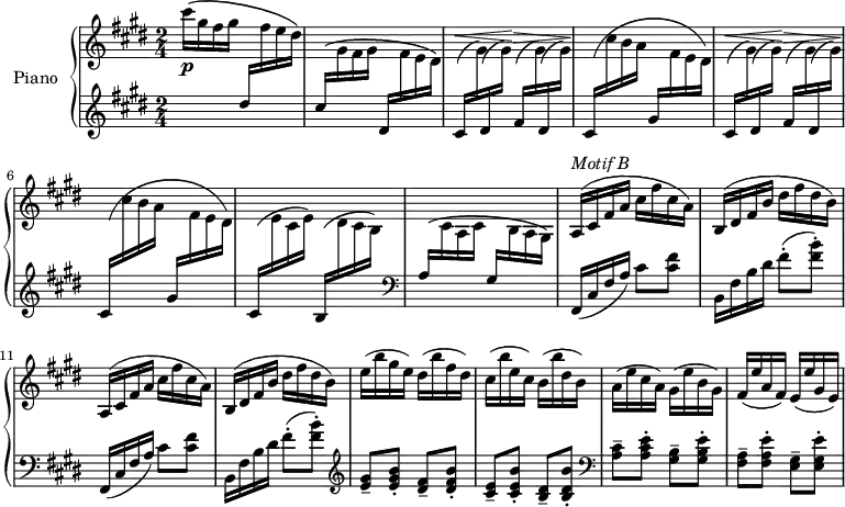 \version "2.18.2"
\header {
tagline = ##f
}
upper = \relative c'' {
\clef treble
\key e \major
\time 2/4
\tempo 4 = 136
\tempo "Vif"
\set Staff.midiInstrument = #"acoustic grand"
cis'16\(\p gis fis gis \stemUp \change Staff = "lower" dis16 \stemDown \change Staff = "upper" fis16 e dis\)
% ms. 2
\stemUp \change Staff = "lower" cis16^\( \stemDown \change Staff = "upper" gis fis gis
\stemUp \change Staff = "lower" dis16 \stemDown \change Staff = "upper" fis e dis\)
% ms. 3/5
\repeat unfold 2 {
\stemUp \change Staff = "lower" cis16(^\< \stemDown \change Staff = "upper" gis'16)
\stemUp \change Staff = "lower" dis16( \stemDown \change Staff = "upper" gis16)\!
\stemUp \change Staff = "lower" fis16(^\> \stemDown \change Staff = "upper" gis16)
\stemUp \change Staff = "lower" dis16( \stemDown \change Staff = "upper" gis16)\!
% ms. 4/6
\stemUp \change Staff = "lower" cis,16\( \stemDown \change Staff = "upper" cis'16 b a
\stemUp \change Staff = "lower" gis16 \stemDown \change Staff = "upper" fis16 e dis\)
}
% ms. 7
\stemUp \change Staff = "lower" cis16^\( \stemDown \change Staff = "upper" e cis e\)
\stemUp \change Staff = "lower" b16^\( \stemDown \change Staff = "upper" dis cis b\)
% ms. 8
\stemUp \change Staff = "lower" a16^\( \stemDown \change Staff = "upper" cis a cis
\stemUp \change Staff = "lower" gis16 \stemDown \change Staff = "upper" b a gis\)
% ms. 9
\stemNeutral
s4*0^\markup{\italic "Motif B"}
\repeat unfold 2 { a16( cis fis a cis fis cis a) | b,16( dis fis b dis fis dis b) }
% ms. 13
e16( b' gis e) dis( b' fis dis) | cis( b' e, cis) b( b' dis, b) | a( e' cis a) gis( e' b gis) | fis( e' a, fis) e( e' gis, e)
}
lower = \relative c {
\clef treble
\key e \major
\time 2/4
\set Staff.midiInstrument = #"acoustic grand"
s2*7 \clef bass s2
\repeat unfold 2 { fis,16( cis' fis a) cis8 < cis fis > b,16 fis' b dis fis8-.( < fis b >-.) }
\clef treble < e gis >8-- < e gis b >-. < dis fis >-- < dis fis b >-.
< cis e >8-- < cis e b' >-. < b dis >8-- < b dis b' >-.
% ms. 15
\clef bass < a cis >8-- < a cis e >-. < gis b >8-- < gis b e >-.
< fis a >8-- < fis a e' >-. < e gis >8-- < e gis e' >-.
}
\score {
\new PianoStaff <<
\set PianoStaff.instrumentName = #"Piano"
\new Staff = "upper" \upper
\new Staff = "lower" \lower
>>
\layout {
#(layout-set-staff-size 17)
\context {
\Score
\override SpacingSpanner.common-shortest-duration = #(ly:make-moment 1/2)
\remove "Metronome_mark_engraver"
}
}
\midi { }
}