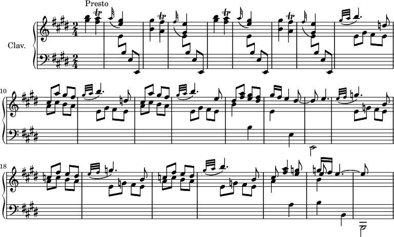 
\version "2.18.2"
\header { 
  tagline = ##f
  % composer = "Domenico Scarlatti"
  % opus = "K. 20"
  % meter = "Presto"
}

%% les petites notes
trillFisAccord = { \tag #'print { << { \stemDown fis'4\trill } \\ { a,4 } >> } \tag #'midi { << { gis'32 fis gis fis~ fis8 } \\ { a,4 } >> } }
trillAAccord   = { \tag #'print { < fis a >4\trill } \tag #'midi { << { b32 a b a~ a8 } \\ { fis4 } >> } }

upper = \relative c'' {
  \clef treble 
  \key e \major
  \time 2/4
  \tempo 4 = 132
  \set Staff.midiInstrument = #"harpsichord"
  \override TupletBracket.bracket-visibility = ##f

      s8*0^\markup{Presto}
      \repeat unfold 2 { < gis' b >4 \trillAAccord | \appoggiatura a32 \stemUp < e gis >4 s4 \stemNeutral | < b gis' >4 \trillFisAccord | \appoggiatura fis'32 \stemUp < gis, e' >4 s4  \stemNeutral } |
      % ms. 9
      \repeat unfold 2 { \grace {   \tempo 4 = 45 gis'32( a } \stemUp \tempo 4 = 132 b4.) d,8  | cis a' gis fis } | \grace {   \tempo 4 = 45 gis32( a } \stemUp \tempo 4 = 132 b4.) e,8  | dis < fis a > < e gis > < dis fis > |
      % ms. 15
      gis16 fis e4 dis8~ | dis e4. | \repeat unfold 2 { \grace {   \tempo 4 = 45 e32( fis } \stemUp \tempo 4 = 132 g4.) b,8  | c fis e dis } | \grace {   \tempo 4 = 45 gis32( a } \stemUp \tempo 4 = 132 b4.) b,8  |
      % ms. 22
      cis8 < fis a >4 < e g >8 << { g16 fis e4.~ | e8 } \\ { \shiftOn \stemUp e8 } \\ { \stemDown b4 } >>
      % ms. 29


}

lower = \relative c' {
  \clef bass
  \key e \major
  \time 2/4
  \set Staff.midiInstrument = #"harpsichord"
  \override TupletBracket.bracket-visibility = ##f

    % ************************************** \appoggiatura a8  \repeat unfold 2 {  } \times 2/3 { }   \omit TupletNumber 
      \repeat unfold 4 { s2 |  \stemDown \change Staff = "upper" e8 \stemUp \change Staff = "lower" b e, e, } | 
      % ms. 9
      \repeat unfold 2 { \stemDown \change Staff = "upper"  e''8 gis fis e | a cis b a  } | e8 gis fis e | b'4 \change Staff = "lower" b, \stemDown \change Staff = "upper" |
      % ms. 15
      e4  \change Staff = "lower" e, | e,2 | \repeat unfold 2 { \stemDown \change Staff = "upper"  e''8 g fis e | a c b a  } | e8 g fis e |
      % ms. 22
      a4  \stemNeutral \change Staff = "lower"  a, | b b, | b,2 |
      % ms. 29
      

}

thePianoStaff = \new PianoStaff <<
    \set PianoStaff.instrumentName = #"Clav."
    \new Staff = "upper" \upper
    \new Staff = "lower" \lower
  >>

\score {
  \keepWithTag #'print \thePianoStaff
  \layout {
      #(layout-set-staff-size 17)
    \context {
      \Score
     \override SpacingSpanner.common-shortest-duration = #(ly:make-moment 1/2)
      \remove "Metronome_mark_engraver"
    }
  }
}

\score {
  \keepWithTag #'midi \thePianoStaff
  \midi { }
}
