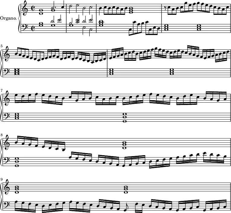 
\version "2.18.2"
\header {
  tagline = ##f
  % composer = "Antonio Romanini"
  % opus = ""
  % meter = ""
}

%% les petites notes
%trillBesp     = { \tag #'print { bes4.\prall } \tag #'midi { c32 bes c bes~ bes4 } }

upper = \relative c'' {
  \clef treble 
  \key c \major
  \time 2/1
  \once \override Score . TimeSignature #'stencil = #ly:text-interface::print
  \override Staff.TimeSignature #'text = \markup \musicglyph #"timesig.C22" 
  \tempo 2 = 82
  \set Staff.midiInstrument = #"church organ"
  \override TupletBracket.bracket-visibility = ##f

      << { g1 b2. c4 } \\ { d,1 g } >> | d'2 e b c | b4 c8 b c b a b < e, g b >1
      % ms. 2
      r8 c'8[ a b] c g' e f  g[ f e d] c b a c b[ a g f] e d c d  e16[ f g f]  d e f d  e[ d c b]  a b c d |
      % ms. 3
      e16[ f g a]  b c d b c[ d e f] g f e d c[ d e d] c b a g  f[ e f g] a b c d |  
      % ms. 4
      e16[ d e f]  e d c b c[ g a b] c a b c 
      % ms. 5
      b16[ c d e] f e d c b[ d e c]  b a g a  b[ a g f] e d c b  \stemUp  \change Staff = "lower"  a[ g f e] d c b a  \stemNeutral  \change Staff = "upper" < d' g b >1
      % ms. 6
      q1 q

}

lower = \relative c' {
  \clef bass
  \key c \major
  \time 2/1
  \once \override Score . TimeSignature #'stencil = #ly:text-interface::print
  \override Staff.TimeSignature #'text = \markup \musicglyph #"timesig.C22" 
  \set Staff.midiInstrument = #"church organ"
  \override TupletBracket.bracket-visibility = ##f

      << { b1 d2 e | b < c e > d e } \\ { g,1 g | g e2 c } >> < g' b d >1 c,8[ c' a b] c c, e d | 
      % ms. 2
      < c e g >1 q q\breve
      % ms. 3
      q1 q1 q1
      % ms. 5
      < g d' g >1 q g16[ a b c] d e f g  a[ b c d] e d c b |
      % ms. 6
      a16 g f e d[ e f g] a g f e d[ c b a] g8 f'16[ e] d c b a g[ a b c] g a b c

}

thePianoStaff = \new PianoStaff <<
    \set PianoStaff.instrumentName = #"Organo."
    \new Staff = "upper" \upper
    \new Staff = "lower" \lower
  >>

\score {
  \keepWithTag #'print \thePianoStaff
  \layout {
      #(layout-set-staff-size 17)
    \context {
      \Score
     \override SpacingSpanner.common-shortest-duration = #(ly:make-moment 1/2)
      \remove "Metronome_mark_engraver"
    }
  }
}

\score {
  \keepWithTag #'midi \thePianoStaff
  \midi { }
}
