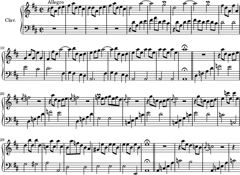 
\version "2.18.2"
\header {
  tagline = ##f
  % composer = "Domenico Scarlatti"
  % opus = "K. 335"
  % meter = "Allegro"
}

%% les petites notes
trillGb     = { \tag #'print { g2\prall } \tag #'midi { a16 g a g~ g4 } }
trillF      = { \tag #'print { f4\prall } \tag #'midi { g16 f g f } }

upper = \relative c'' {
  \clef treble 
  \key d \major
  \time 2/2
  \tempo 2 = 110
  \set Staff.midiInstrument = #"harpsichord"
  \override TupletBracket.bracket-visibility = ##f

      s8*0^\markup{Allegro}
      r4 d8 a d4  e | fis a8 d, e4 cis | d d8 a d4  e | fis a8 d, e4 cis |
      % ms. 5
      \repeat unfold 2 { d2 a'~ | a \trillGb } | fis4 d8 a fis'4 a, | 
      % ms. 10
      g4 cis8 g e'4 g, | fis fis'8 d a'2~ | a4 b8 d, cis4 d | e fis8 g a2~ | a4 b8 d, cis4 d |
      % ms. 15
      e4 \repeat unfold 3 { a8 e a4 } | e a1\fermata  \bar "||"	R1 | \repeat unfold 2 { r4 a8 d, cis4 d8 e |
      % ms. 20
      \appoggiatura e8 f2 r2  } | \trillF e8 f g e f d | \appoggiatura d8 e2 r2 |
      % ms. 25
      r4 g8 c, b4 c8 d | \appoggiatura d8 e2 r2 | r4 g8 c, b4 c8 d | e4 c'8 e, c'4 e, | d b'8 d, b'4 d, |
      % ms. 30
      c4 a'8 c, a'4 c, | b8 a' f d b4  a | gis \repeat unfold 3 { e'8 b e4 } | b e1\fermata \bar "||"	
      % ms. 35
      R1 | r4 a8 e d4 c8 b | \appoggiatura b8 c2 r2 | r4 s4 

}

lower = \relative c' {
  \clef bass
  \key d \major
  \time 2/2
  \set Staff.midiInstrument = #"harpsichord"
  \override TupletBracket.bracket-visibility = ##f

    % ************************************** \appoggiatura a16  \repeat unfold 2 {  } \times 2/3 { }   \omit TupletNumber 
      R1*4 | r4 d8 a d4  e | fis a8 d, e4 cis | r4 d8 a d4  e | fis e8 d e 4 d8 cis | d2 d | 
      % ms. 10
      e2 cis | d2. fis,4 | g fis e d | a2. fis'4 | g fis e d |
      % ms. 15
      a2 a | a a | a1\fermata |   d4 f a d | \repeat unfold 2 { f2 e |
      % ms. 20
      d,4 f a d } | g,2 g | \repeat unfold 2 { c,4 e g c | 
      % ms. 25
      e2 d } | c c, | g' gis |
      % ms. 30
      a2 a, | d d | e e | e e, | a1\fermata | 
      % ms. 35
      a4 c e a | c2 b | a,4 c e a | c2 

}

thePianoStaff = \new PianoStaff <<
    \set PianoStaff.instrumentName = #"Clav."
    \new Staff = "upper" \upper
    \new Staff = "lower" \lower
  >>

\score {
  \keepWithTag #'print \thePianoStaff
  \layout {
      #(layout-set-staff-size 17)
    \context {
      \Score
     \override SpacingSpanner.common-shortest-duration = #(ly:make-moment 1/2)
      \remove "Metronome_mark_engraver"
    }
  }
}

\score {
  \keepWithTag #'midi \thePianoStaff
  \midi { }
}
