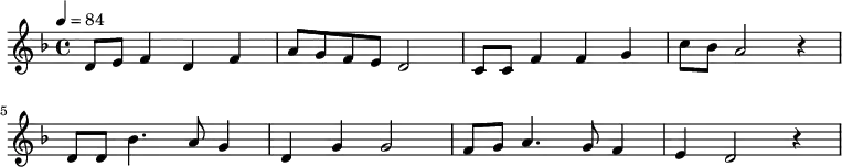 {
<<
\relative c' {
\key d \minor
\time 4/4
\tempo 4 = 84
\set Staff.midiInstrument = "trombone"
\transposition c'
d8 e f4 d f a8 g f e d2
c8 c f4 f g c8 bes a2 r4
\break
d,8 d bes'4. a8 g4 d g g2
f8 g a4. g8 f4 e d2 r4
}
% \addlyrics {
% }
>>
}