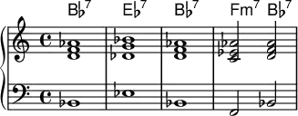 <<
\new ChordNames \chordmode {
bes1:7 ees:7 bes:7 f2:m7 bes2:7
}
\new PianoStaff << \new Staff \relative c'{
< d f aes>1 <des g bes > < d f aes> <c ees aes >2 <d f aes > }
\new Staff { \clef bass bes,1 ees1 bes,1 f,2 bes,2 }>>
>>