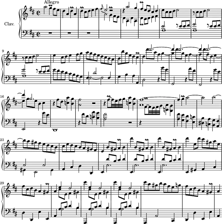 
\version "2.18.2"
\header {
  tagline = ##f
  % composer = "Domenico Scarlatti"
  % opus = "K. 509"
  % meter = "Allegro"
}

%% les petites notes
trillD       = { \tag #'print { d4\prall } \tag #'midi { e32 d e d~ d8 } }
trillDdw     = { \tag #'print { d4_\prall } \tag #'midi { e32 d e d~ d8 } }
trillG       = { \tag #'print { g4\prall } \tag #'midi { a32 g a g~ g8 } }
trillGUp     = { \tag #'print { g'4\prall } \tag #'midi { a32 g a g~ g8 } }
trillFis     = { \tag #'print { fis4\prall } \tag #'midi { g32 fis g fis~ fis8 } }
trillCis     = { \tag #'print { cis4\prall } \tag #'midi { d32 cis d cis~ cis8 } }
trillFisqUp  = { \tag #'print { fis'8\prall~ } \tag #'midi { g32 fis g fis~ } }
trillA       = { \tag #'print { a4\prall } \tag #'midi { b32 a b a~ a8 } }
trillGis     = { \tag #'print { gis4\prall } \tag #'midi { a32 gis a gis~ gis8 } }

upper = \relative c'' {
  \clef treble 
  \key d \major
  \time 2/2
  \tempo 2 = 72
  \set Staff.midiInstrument = #"harpsichord"

      s8*0^\markup{Allegro}
      a'2 \trillG fis8 e | d4 a \trillD a | \trillD cis8 d e4 fis | \appoggiatura fis8 \stemUp e2 r2 | r4 a2 g4 	\stemUp |
      % ms. 6
      \trillFis e8 d cis4 d \stemNeutral | e8 cis cis d e2 | \repeat unfold 2 { r8 cis8 cis d e2 } |
      % ms. 10
      e4 cis8 d e4 fis8 g | a g fis e d cis b a | b b' g e d4 \trillCis | d4 
      % ms. 13 suite
      << { d'2.~ | d4 d2.~ | d4 d2.~ d4 | g,2. } 
      \\ { d'8 a fis4 g4~ | g d'8 g, e4 fis~ | fis d'8 fis, d4 e~ | e g8 e b4 cis } >> |
      r4 fis8 d < c a' >4 < b g' > | < a fis' >2 r2 |
      % ms. 19
      r4 \trillFisqUp fis32 e fis g < c, a' >4 < b g' > | << { fis'1~ | fis4 } \\ { a,1 } >> \trillGUp a2~ | a b~ |
      % ms. 23
      b8 a gis fis e d cis b | cis e d cis b a gis fis | e4 b'8 gis \trillA  b4 | \repeat unfold 2 { d' b,8 gis \trillA b4 } |
      % ms. 28
      d'4 e,8 d' cis gis a e | fis cis d b a4 \trillGis  | a4 << { e'4 d2 } \\ { cis8 e, fis4 gis } >>
      \repeat unfold 2 { cis'4 << { e,4 d2 } \\ { cis8 e, fis4 gis } >> } 
      % ms. 33
      cis'8 a gis b a fis e g  | fis cis d b a4 \trillGis | a4

}

lower = \relative c' {
  \clef bass
  \key d \major
  \time 2/2
  \set Staff.midiInstrument = #"harpsichord"

    % ************************************** \appoggiatura a16  \repeat unfold 2 {  } \times 2/3 { }   \omit TupletNumber 
      R1*3 | \stemDown \change Staff = "upper"  a'2 \trillG fis8 e | d4 a d4 a |
      % ms. 6
      \trillDdw cis8 d e4 fis | \stemNeutral \change Staff = "lower" | << { e2 r8 e8 e fis | \repeat unfold 2 { g2  r8 e8 e fis } } \\ { a,1 a a } >> 
      % ms. 10
      g'8 fis e d cis b a g | << { fis4 d'2 fis,4 } \\ { fis2~ fis } >> g4 b a a, | d2 r4 b''8 g |
      % ms. 14
      g,,2  r4 a''8 fis | fis,,2 r4 g''8 e | e,,2 r4 g''8 e | d,,1 | r4 fis''8 d < c a' >4 < b g' >
      % ms. 19
      < a fis' >2 r2 | r4 \stemDown \change Staff = "upper" fis'8\prall~ fis32 e fis g < c, a' >4 < b g' > \stemNeutral \change Staff = "lower" | < a fis' > < g e' > < fis d' > < e c'  > | < dis b' > < c a' > < b g' > < a fis' > |
      % ms. 23
      << { e'2 e } \\ { gis,4 e2 gis4 } >> | a4 cis d d, |  \repeat unfold 3 { e << { d''8 b cis4 d } \\ { e,2. } >> }
      % ms. 28
      e,4 gis a cis | d d, e' e, | a << { a'8 cis d4 b } \\ { a2 b4 } >> | \repeat unfold 2 { a,,4  << { a''8 cis d4 b } \\ { a2 b4 } >> }
      % ms. 33
      a,,4 a'2 cis,4 | d d' e, e' | a, 

}

thePianoStaff = \new PianoStaff <<
    \set PianoStaff.instrumentName = #"Clav."
    \new Staff = "upper" \upper
    \new Staff = "lower" \lower
  >>

\score {
  \keepWithTag #'print \thePianoStaff
  \layout {
      #(layout-set-staff-size 17)
    \context {
      \Score
     \override TupletBracket.bracket-visibility = ##f
     \override SpacingSpanner.common-shortest-duration = #(ly:make-moment 1/2)
      \remove "Metronome_mark_engraver"
    }
  }
}

\score {
  \keepWithTag #'midi \thePianoStaff
  \midi { }
}
