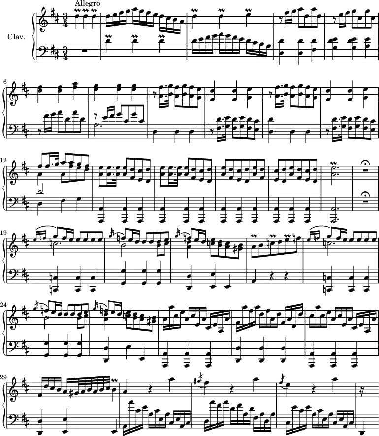 
\version "2.18.2"
\header {
  tagline = ##f
}

%% les petites notes
trillD = { \tag #'print { d4\prall } \tag #'midi { \times 2/3 { e32 d e } d16~ d8 } }
trillE = { \tag #'print { e4\prall } \tag #'midi { \times 2/3 { fis32 e fis } e16~ e8 } }
trillB = { \tag #'print { b4\prall } \tag #'midi { \times 2/3 { cis32 b cis } b16~ b8 } }
trillEacc = { \tag #'print { < a' e' >2.\prall } \tag #'midi { << { fis32 e fis e fis e~ e16~ e8~ e4 } \\ { a2. } >> } }

trillAq = { \tag #'print { a8\prall } \tag #'midi { \times 2/3 { b32 a b } a16 } }
trillCq = { \tag #'print { c8\prall } \tag #'midi { \times 2/3 { d32 c d } c16 } }
trillEq = { \tag #'print { e8\prall } \tag #'midi { \times 2/3 { f32 e f } e16 } }

upper = \relative c'' {
  \clef treble 
  \key d \major
  \time 3/4
  \tempo 4 = 82
  \set Staff.midiInstrument = #"harpsichord"

     s8*0^\markup{Allegro}
     \trillD \trillD \trillD | d16 e fis g a g fis e d cis b a | \trillD \trillD \trillE | r8 fis16 g a8 d, a' d, |
     % ms. 5
     r8 e16 fis g8 cis, g' cis,  | < d fis >4 q < fis a > | < e g > q q | \repeat unfold 2 { r8 < a, fis' >16. < b g' >32 < a fis' >8 < b g' > < a fis' > < g e' > | < fis d' >4 q < g e' > }
     % ms. 12
     << { fis'8 fis16. g32 a8 a g fis } \\ { a,4 a8 fis' e d } >> | \repeat unfold 2 { < a e' >8 q16. q32 q8 < fis d' > <  e cis' > < d d' > } |
     % ms. 15
     \repeat unfold 3 { < a' e' >8 < fis d' > <  e cis' > < d d' > } | \trillEacc | R2.\fermata
     % ms. 19
     << {  \grace { e'16( f } \stemUp g8) f16 e e8 e e e | \acciaccatura g16 f8 e16 d d8 d d e | \acciaccatura g16 f8 e16 d } \\ { c2. | b2 b8 cis | < a d >4 < c e >8 < b d > < a c > < gis b > } >> | \trillAq b8 \trillCq d8 \trillEq f8 |
     % ms. 23
     << {  \grace { e16( f } \stemUp g8) f16 e e8 e e e | \acciaccatura g16 f8 e16 d d8 d d e | \acciaccatura g16 f8 e16 d } \\ { c2. | b2 b8 cis | < a d >4 < c e >8 < b d > < a c > < gis b > } >> | a16 a' cis, e a, cis e, a cis, e a, a' |
     % ms. 27
     fis16 a' fis a d, fis a, d fis,a d, d' | cis a' cis, e a, cis e, a cis, e a, a' | fis d' cis b a gis32 a b a b cis \trillB |
     % ms. 30
     a4 r4 a'4 | \acciaccatura gis16 fis4 r4 a4 | \acciaccatura fis16 e4 r4 a4 | r16 s8.

}

lower = \relative c' {
  \clef bass
  \key d \major
  \time 3/4
  \set Staff.midiInstrument = #"harpsichord"

      % ***********************
      R2. | \trillD \trillD \trillD | d16 e fis g a g fis e d cis b a | < d, d' >4 q < fis d' > |
      % ms. 5
      < g d' e >4 q < a e' > | r8 fis'16 g a8 d, a' d, | << { r8 e16 fis g8 cis, g' cis, } \\ { a2. } >> | d,4 d d | r8 < fis d' >16. < g e' >32 < fis d' >8 < g e' > < fis d' > < e cis' > | 
      % ms. 10
      < d d' >4 d d | r8 < fis d' >16. < g e' >32 < fis d' >8 < g e' > < fis d' > < e cis' > | << { d'2 } \\ { d,4 fis g } >> | \repeat unfold 4 { < a,, a'>4 q q } |  \tempo 4 = 60 q2. | R2.\fermata %\fermataMarkup 
      % ms. 19
      \tempo 4 = 82
      < c c' >4 q q | < g' g' > q q | < d d' > < e e' > e | a r4 r4  |
      % ms. 23
      < c, c' >4 q q | < g' g' > q q | < d d' > e' e, | < a, a' > q q | 
      % ms. 27
      < d d' >4 q q | < a a' > q q | < d d' > < e e' > e |
      % ms. 30
      a16 a'' cis, e a, cis e, a cis, e a, cis | d a'' fis a d, fis a, d fis, a d, a' | cis, e' cis e a, cis e, a cis, e a, cis | d,4

}

thePianoStaff = \new PianoStaff <<
    \set PianoStaff.instrumentName = #"Clav."
    \new Staff = "upper" \upper
    \new Staff = "lower" \lower
  >>

\score {
  \keepWithTag #'print \thePianoStaff
  \layout {
      #(layout-set-staff-size 17)
    \context {
      \Score
     \override SpacingSpanner.common-shortest-duration = #(ly:make-moment 1/2)
      \remove "Metronome_mark_engraver"
    }
  }
}

\score {
  \keepWithTag #'midi \thePianoStaff
  \midi { }
}
