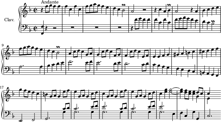 
\version "2.18.2"
\header {
  tagline = ##f
}

%% les petites notes
trillBes    = { \tag #'print { bes2\prall } \tag #'midi { \times 2/3 { c16 bes c bes c bes~ } bes4~ } }
trillBesq   = { \tag #'print { bes4\prall } \tag #'midi { \times 2/3 { c16 bes c } bes8~ } }

upper = \relative c'' {
  \clef treble 
  \key f \major
  \time 2/2
  \tempo 2 = 68
  \set Staff.midiInstrument = #"harpsichord"

      s8*0^\markup{Andante} r4 f8 g f4 f | f c f c | f8 g a g f4 e | d c \trillBes |
      % ms. 5
      a2 r2 | r4 c4 a \trillBesq | a2 r4 a4 | bes c d e | f8 g a g f4 e | d c \trillBes |
      % ms. 11
      a4 c8 d c4 g8 a | g4 c8 d c4 f,8 g | f4 c'8 d c4 e,8 f | e4 e f g | 
      % ms. 15
      gis4 a b c | cis d e f | g f8 e d4 c | b g8 a g4 e'8 f | e4 g,8 a g4 c8 d | 
      % ms. 20
      c4 g8 a g4 e'8 f | e4 g,8 a g4 c8 d | c4 < e g >4 q2~ | q4 < d f >8 < c e > q4 << { d8 c } \\ { g4 } >>
      % ms. 24
      << { c4 } \\ { e,4 } >> s2 % poursuivre jusqu'à la mesure 32/reprise

}

lower = \relative c' {
  \clef bass
  \key f \major
  \time 2/2
  \set Staff.midiInstrument = #"harpsichord"

    % **************************************
      % \repeat unfold 2 {
      < f,, f' >4 r4 r2 | R1*3 | r4 f''8 g f4 f | f c f c | f8 g a g f4 e | d c \trillBes | a2. a4 |
      % ms. 10
      bes4 c d e | f2. e8 f | e2. d8 e | d2. c8 d | c4 bes a g | f e d c b a g f | e2 f | g2. << { \repeat unfold 2 { c'8 d | c2. e8 f | e2. } } \\ { \repeat unfold 4 { g,4 | g2. } } >> e4 | f c g' g, | c2.

}

thePianoStaff = \new PianoStaff <<
    \set PianoStaff.instrumentName = #"Clav."
    \new Staff = "upper" \upper
    \new Staff = "lower" \lower
  >>

\score {
  \keepWithTag #'print \thePianoStaff
  \layout {
      #(layout-set-staff-size 17)
    \context {
      \Score
     \override SpacingSpanner.common-shortest-duration = #(ly:make-moment 1/2)
      \remove "Metronome_mark_engraver"
    }
  }
}

\score {
  \keepWithTag #'midi \thePianoStaff
  \midi { }
}
