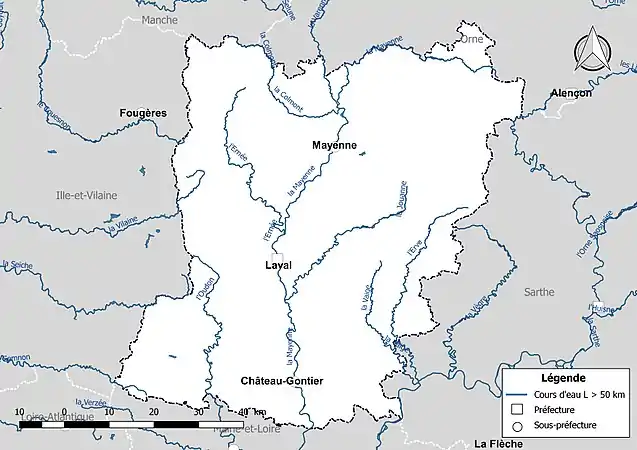 Carte des cours d'eau de longueur supérieure à 50&nbsp;km de la Mayenne.