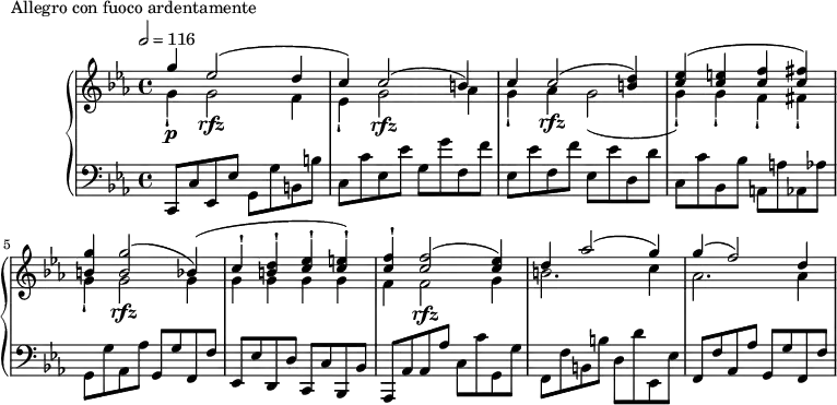 
\version "2.18.2"
\header {
  tagline = ##f
}
upper = \relative c'' {
  \clef treble 
  \key c \minor
  \time 4/4
  \tempo 2 = 116

   %%Montgeroult — Étude 74 (pdf p. 27)

   << { g'4\p ees2(\rfz d4 c) c2( b4) c c2\rfz( < d b >4) < ees c >( < e c > < f c > < fis c >) < g b, > q2( bes,4) ( c-! < d b >-! < ees c >-! < e c >-!) < f c >4-! q2( < ees c >4) d4 aes'2( g4) g4( f2) d4 } 
   \\ { g,4-! g2 f4 ees-! g2\rfz aes4 g-! aes g2( g4-!) g-! f-! fis-! g-! g2\rfz g4 g g g g f f2\rfz g4 b2. c4 aes2. aes4 } >>

}

lower = \relative c {
  \clef bass
  \key c \minor
  \time 4/4

   c,8 c' ees, ees' g, g' b, b' | c, c' ees, ees' g, g' f, f' | ees, ees' f, f' ees, ees' d, d' |
   c,8 c' bes, bes' a, a' aes, aes' | g, g' aes, aes' g, g' f, f' | ees, ees' d, d' c, c' bes, bes' |
   aes, aes' aes aes' c, c' g, g' | f, f' b, b' d, d' ees,, ees' | f, f' aes, aes' g, g' f, f' |
   

}

  \header {
    piece = "Allegro con fuoco ardentamente"
  }

\score {
  \new PianoStaff <<
    \new Staff = "upper" \upper
    \new Staff = "lower" \lower
  >>
  \layout {
    \override TupletBracket.bracket-visibility = ##f
    \context {
      \Score
      %\remove "Metronome_mark_engraver"
    }
  }
  \midi { }
}
