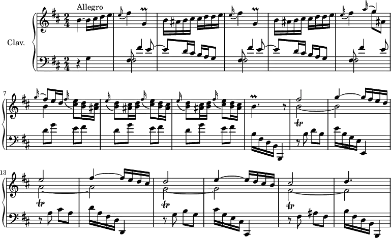 
\version "2.18.2"
\header {
  tagline = ##f
  % composer = "Domenico Scarlatti"
  % opus = "K. 173"
  % meter = "Allegro"
}

%% les petites notes
trillGDown     = { \tag #'print { g,4\prall } \tag #'midi { a64 g a g~ g16~ g8 } }
trillBp        = { \tag #'print { b4.\prall } \tag #'midi { cis64 b cis b~ b16 b4 } }
trillBb        = { \tag #'print { b2\trill~ } \tag #'midi { cis32 b cis b~ b8~ b4~ } }
trillAb        = { \tag #'print { a2\trill~ } \tag #'midi { b32 a b a~ a8~ a4~ } }
trillFisb      = { \tag #'print { fis2\trill~ } \tag #'midi { g32 fis g fis~ fis8~ fis4~ } }
trillGbDown    = { \tag #'print { g,2\trill~ } \tag #'midi { a32 g a g~ g8~ g4~ } }

upper = \relative c'' {
  \clef treble 
  \key b \minor
  \time 2/4
  \tempo 4 = 78
  \set Staff.midiInstrument = #"harpsichord"
  \override TupletBracket.bracket-visibility = ##f

      s8*0^\markup{Allegro}
      b4~ b16 cis d e | \appoggiatura e8 fis4 \trillGDown | b16 ais b cis cis d d e | \appoggiatura e16 fis4 \trillGDown |
      % ms. 5
      b16 ais b cis cis d d e | \appoggiatura e16 fis4  << { \appoggiatura a16 \stemUp g4 | \appoggiatura g16 fis8[ e16 d] } \\ { g8 ais, | b4 } >> \appoggiatura fis'16 < cis e >8 < b d >16 < ais cis > | \repeat unfold 2 { \appoggiatura e'16 < b d >8 < ais cis >16 < b d > | \appoggiatura fis'16 < cis e >8 < b d >16 < ais cis > } |
      % ms. 10
      \trillBp r8 | << { fis'2 | g4~ g16 fis e d | e2 | fis4~ fis16 e d cis } \\ { \trillBb b2 | \trillAb a2 } >>
      % ms. 15
      << { d2 | e4~ e16 d cis b | cis2 | d4. } \\ { \trillGbDown g2 | \trillFisb fis2 } >>
      % ms. 20
      

}

lower = \relative c' {
  \clef bass
  \key b \minor
  \time 2/4
  \set Staff.midiInstrument = #"harpsichord"
  \override TupletBracket.bracket-visibility = ##f

    % ************************************** \appoggiatura a16  \repeat unfold 2 {  } \times 2/3 { }   \omit TupletNumber 
      r4 g4 | \repeat unfold 2 { << { fis8 fis'4 e8~ | e d16 cis b a g8 } \\ { fis2 } >> }
      % ms. 6
      << { fis8 fis'4 e8 } \\ { fis,2 } >> | \repeat unfold 3 { d'8 g e fis } |
      % ms. 10
      b,16 fis d b b,4 | r8 b''8 d b | e16 b g e e,4 | r8 a'8 cis a | d16 a fis d d,4 |
      % ms. 15
      r8 g'8 b g | cis16 g e cis cis,4 | r8 fis'8 ais fis | b16 fis d b b,4 |
      % ms. 20
      

}

thePianoStaff = \new PianoStaff <<
    \set PianoStaff.instrumentName = #"Clav."
    \new Staff = "upper" \upper
    \new Staff = "lower" \lower
  >>

\score {
  \keepWithTag #'print \thePianoStaff
  \layout {
      #(layout-set-staff-size 17)
    \context {
      \Score
     \override SpacingSpanner.common-shortest-duration = #(ly:make-moment 1/2)
      \remove "Metronome_mark_engraver"
    }
  }
}

\score {
  \keepWithTag #'midi \thePianoStaff
  \midi { }
}
