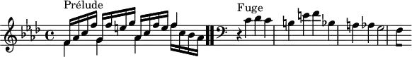 
\version "2.18.2"
\header {
  tagline = ##f
}

\score {
  \new Staff \with {
%fontSize = #-2
  }
<<
  \relative c' {
    \key f \minor
    \time 4/4
	\set Staff.midiInstrument = #"harpsichord" 

     %% INCIPIT CBT I-12, BWV 857, fa mineur
     << { s4*0^\markup{Prélude} f16 aes c f g, f' e g aes, c f e f4 } \\ { f,4 g aes f'16 c bes aes } >> \bar ".."

     \skip 8*1
     \override Staff.Clef.extra-offset = #'( -1 . 0 )
      \clef bass
     \relative c' { r4^\markup{Fuge} c4 des c b e f bes, a aes g2 
{ 
 % suppression des warnings :
 #(ly:set-option 'warning-as-error #f)
 #(ly:expect-warning (_ "stem does not fit in beam")) %% <= à traduire éventuellement
 #(ly:expect-warning (_ "beam was started here")) %% <= à traduire éventuellement
  \set stemRightBeamCount = #1
  f4*1/2[ s]
}
    }
  }
>>
  \layout {
     \context { \Score \remove "Metronome_mark_engraver" 
     \override SpacingSpanner.common-shortest-duration = #(ly:make-moment 1/2) 
   }
  }
  \midi {}
}
